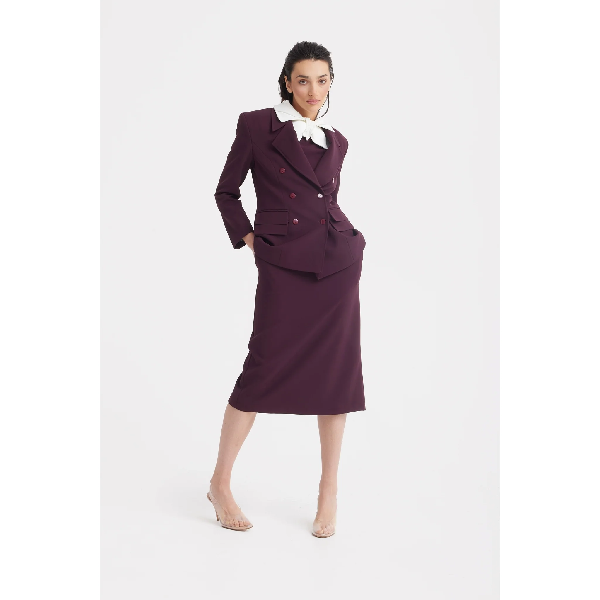 Classic Tailored Double-Breasted Blazer - Burgundy - Image 7