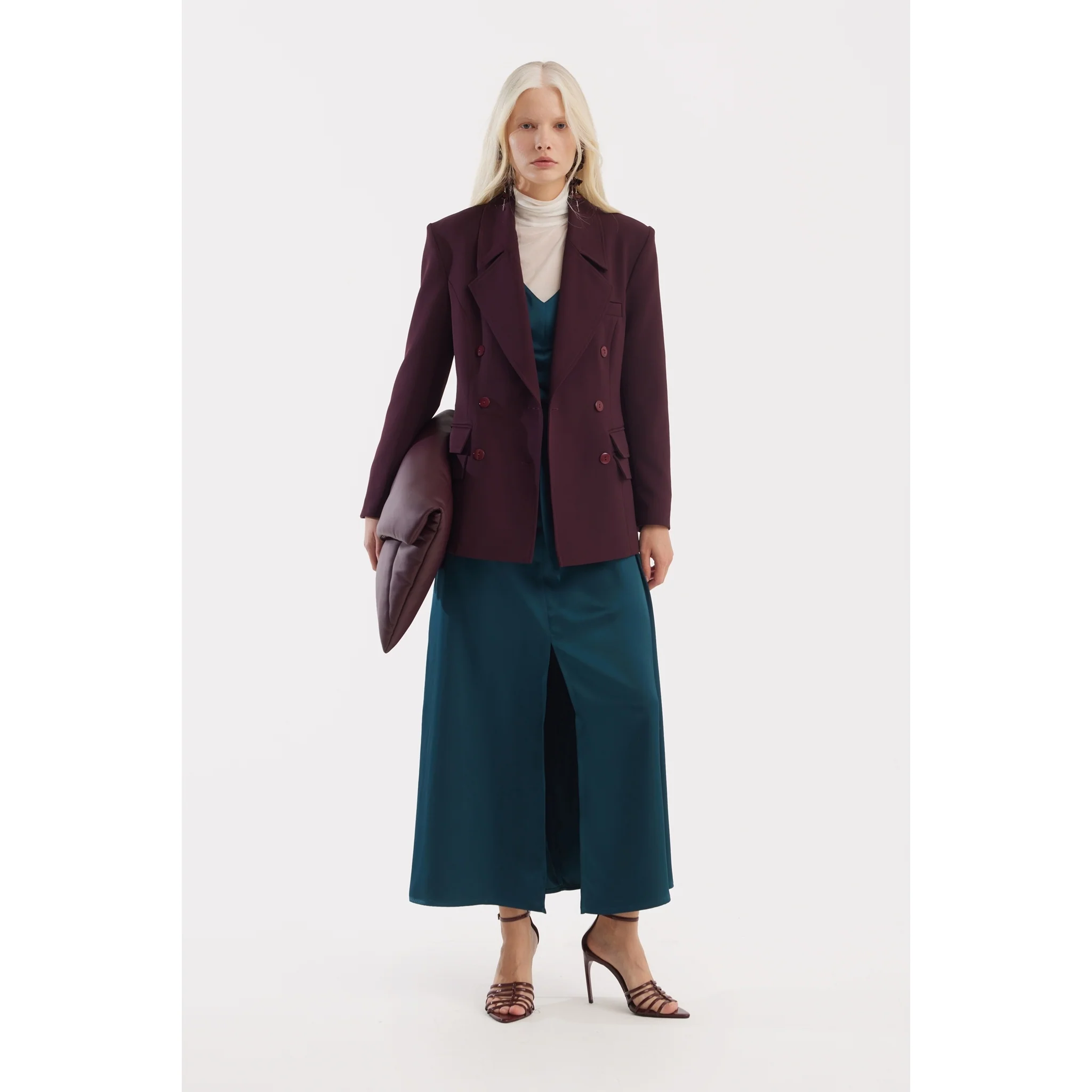 Classic Tailored Double-Breasted Blazer - Burgundy - Image 8