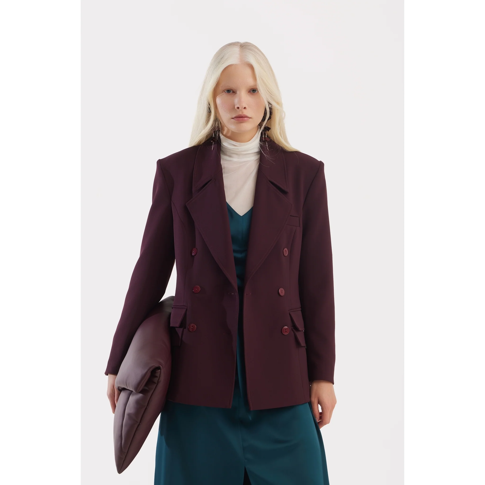 Classic Tailored Double-Breasted Blazer - Burgundy - Image 9