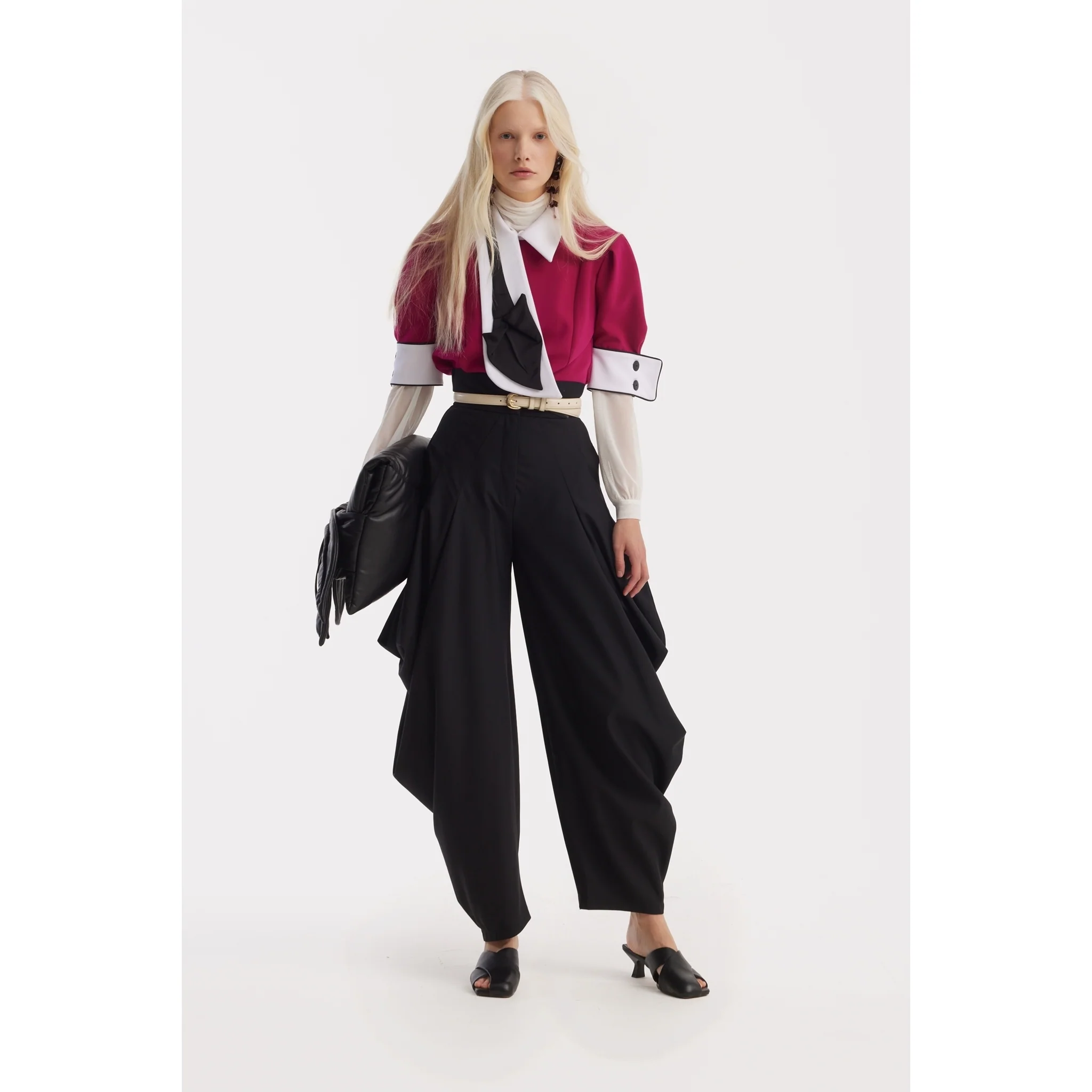 Couture Draped Wide-Leg Pants - Black - Image 2