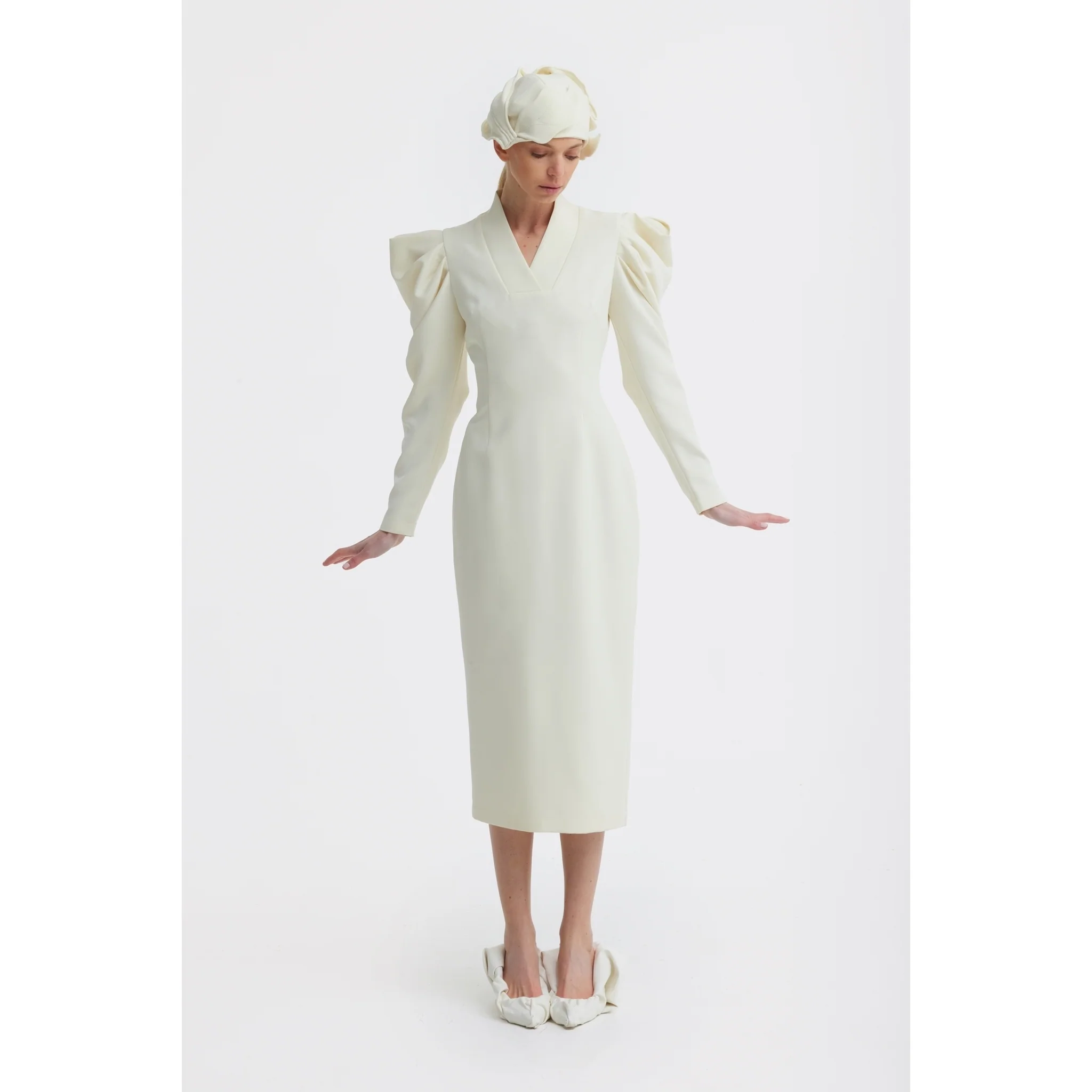 Crepe Midi Dress With Statement Sleeves - Ivory - Image 2