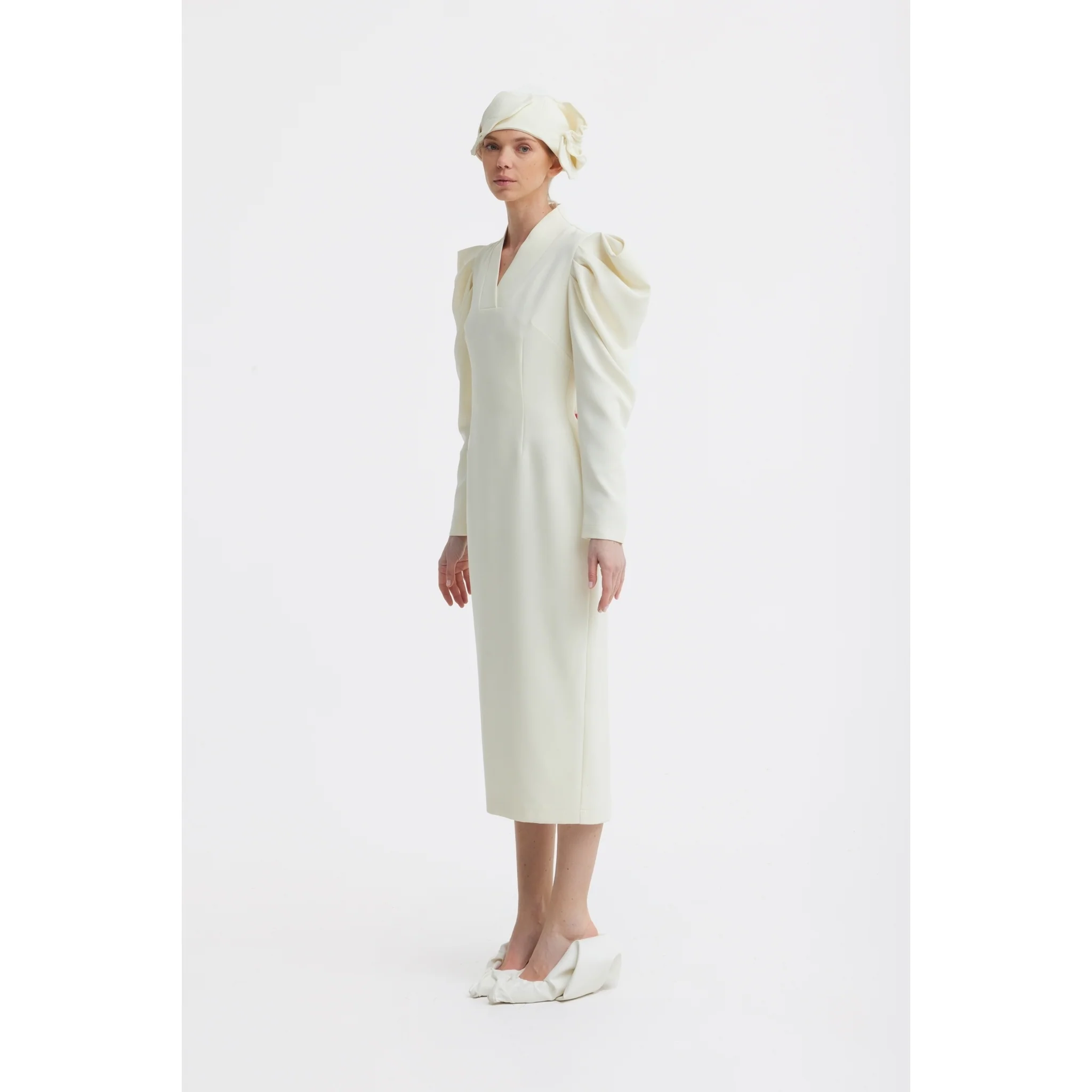 Crepe Midi Dress With Statement Sleeves - Ivory - Image 3