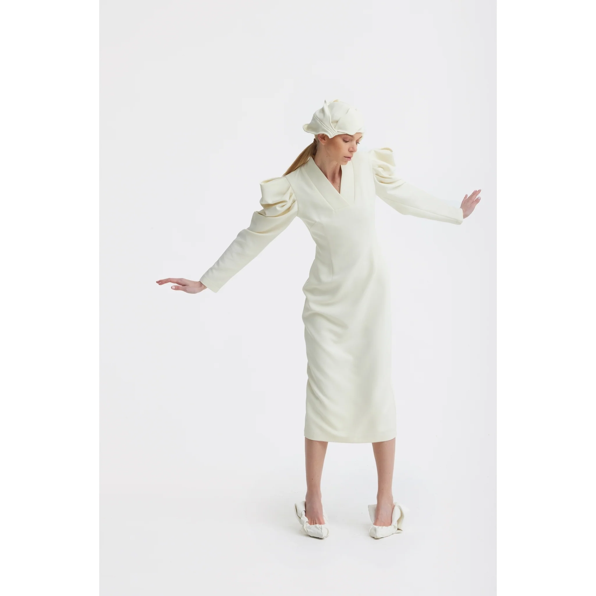 Crepe Midi Dress With Statement Sleeves - Ivory - Image 4