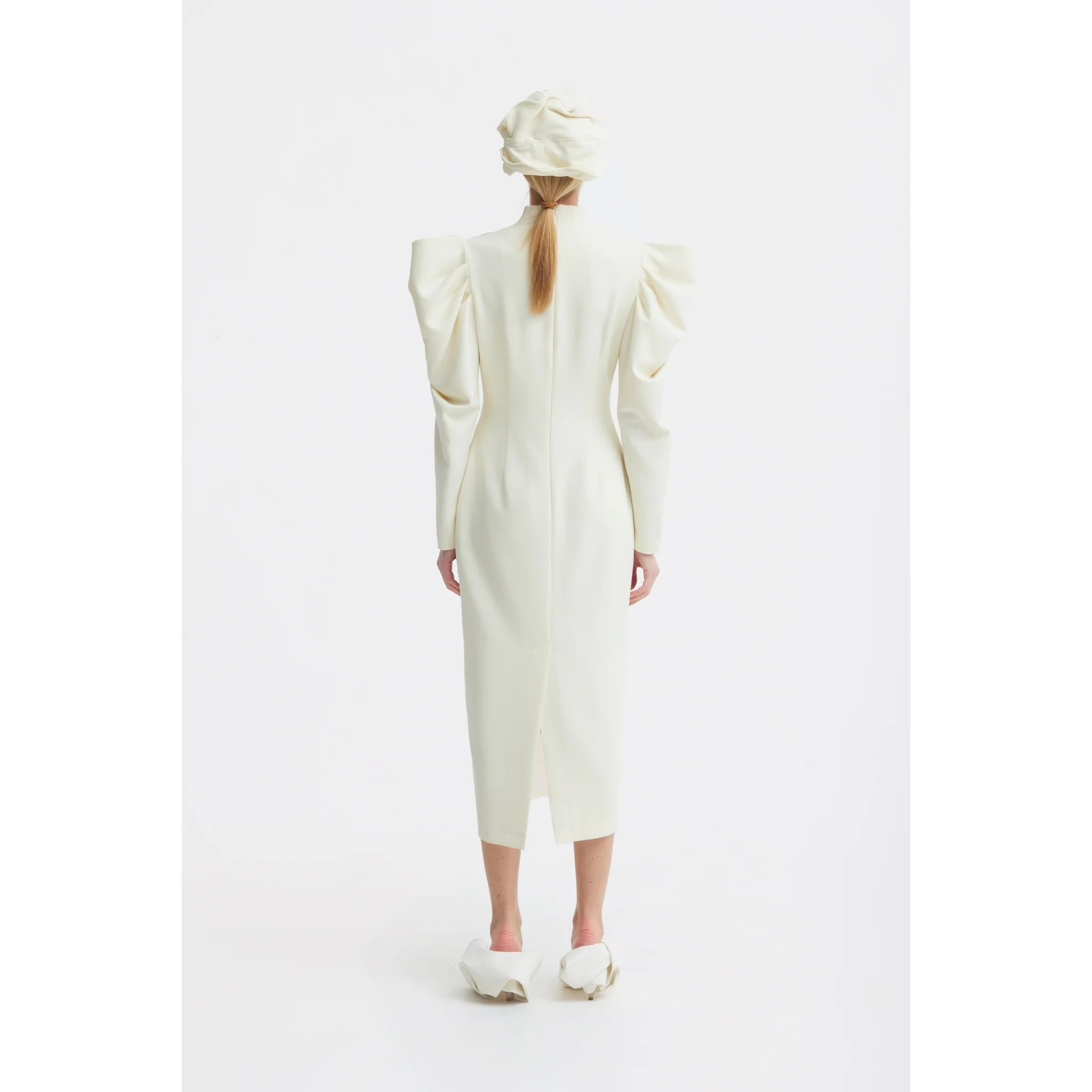 Crepe Midi Dress With Statement Sleeves - Ivory - Image 5