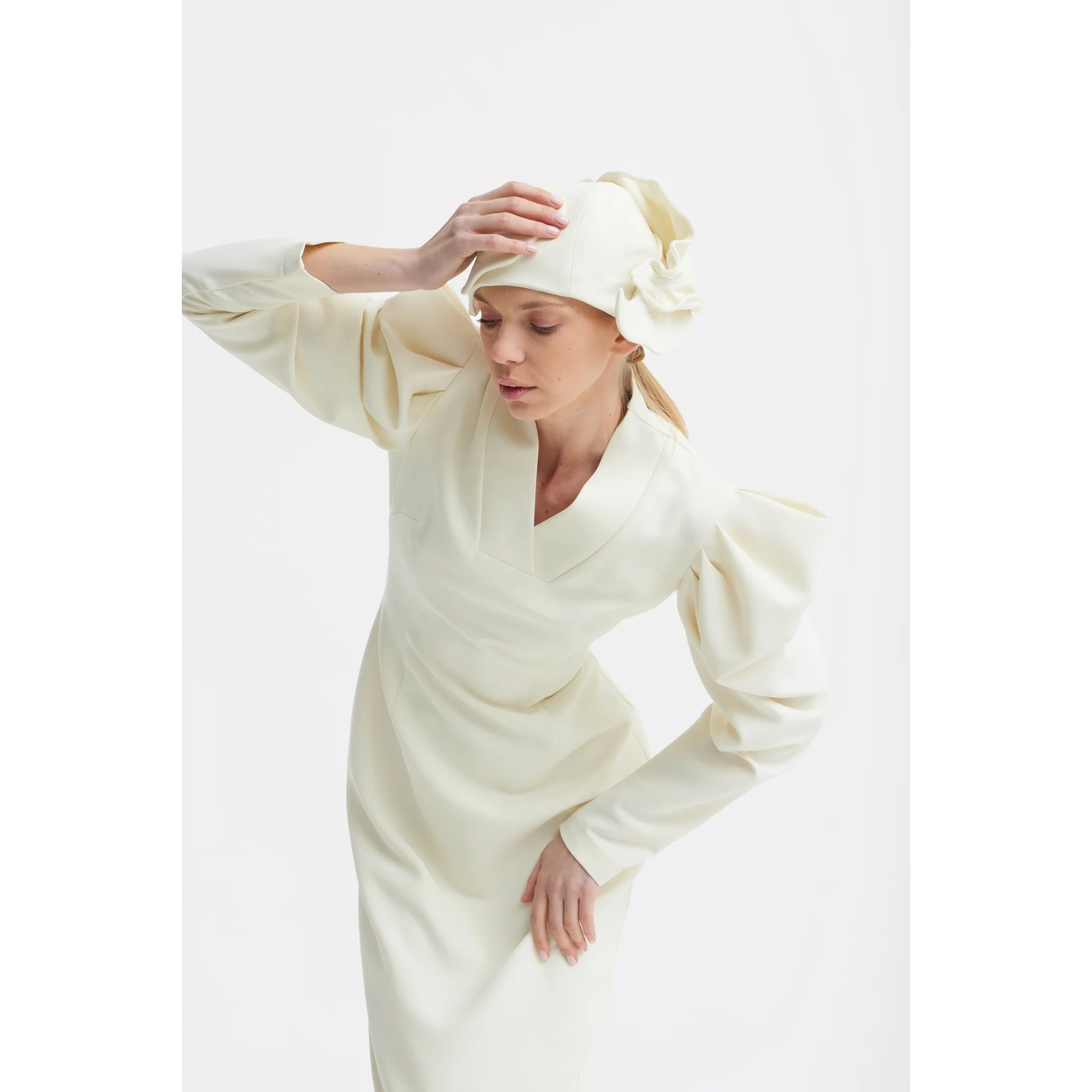 Crepe Midi Dress With Statement Sleeves - Ivory - Image 8