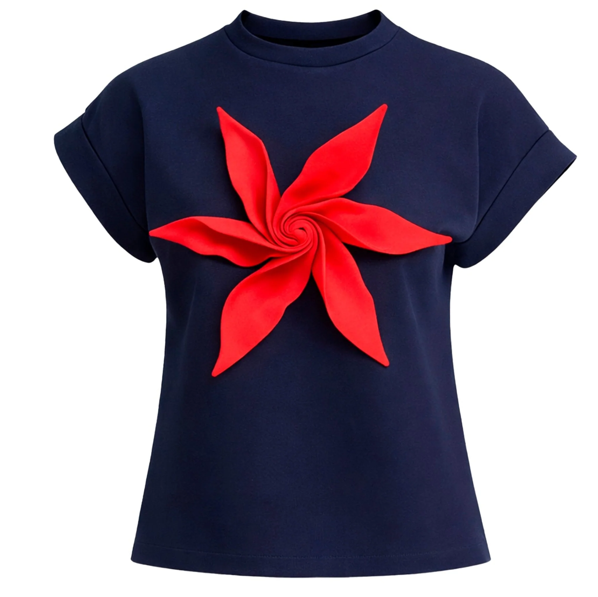 Crew-Neck Jersey T-Shirt With Flower - Dark Blue
