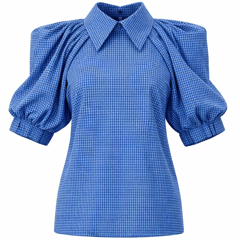 Designer Plaid Puff Sleeve Blouse - Blue