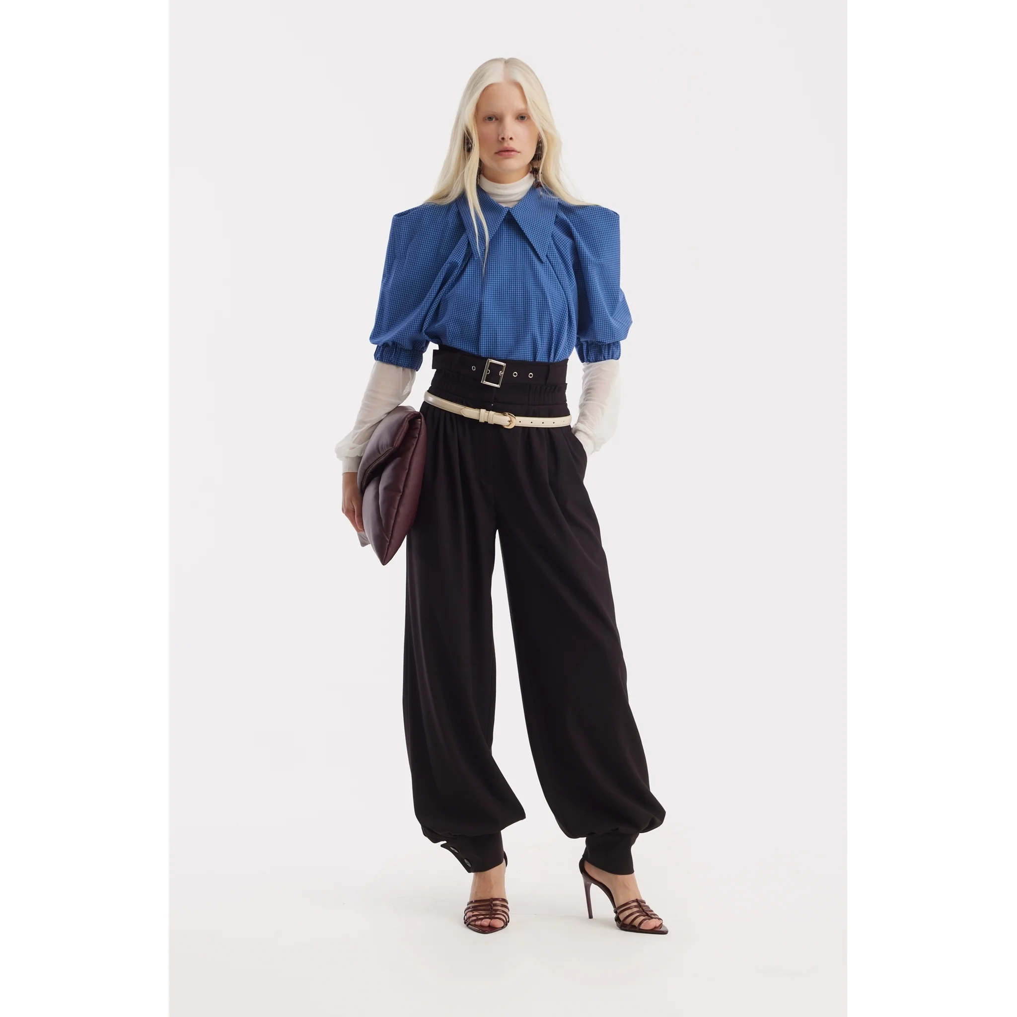 Designer Plaid Puff Sleeve Blouse - Blue - Image 2