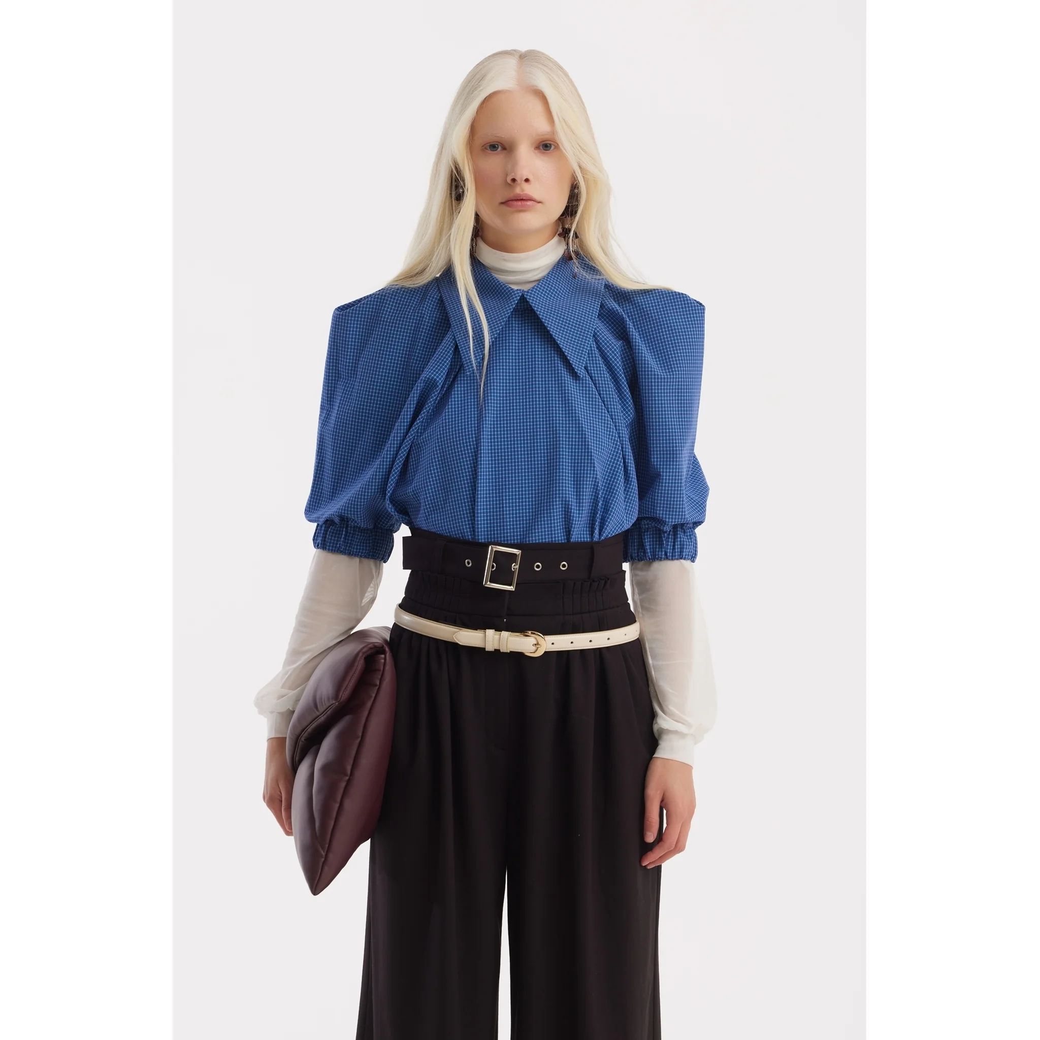 Designer Plaid Puff Sleeve Blouse - Blue - Image 3