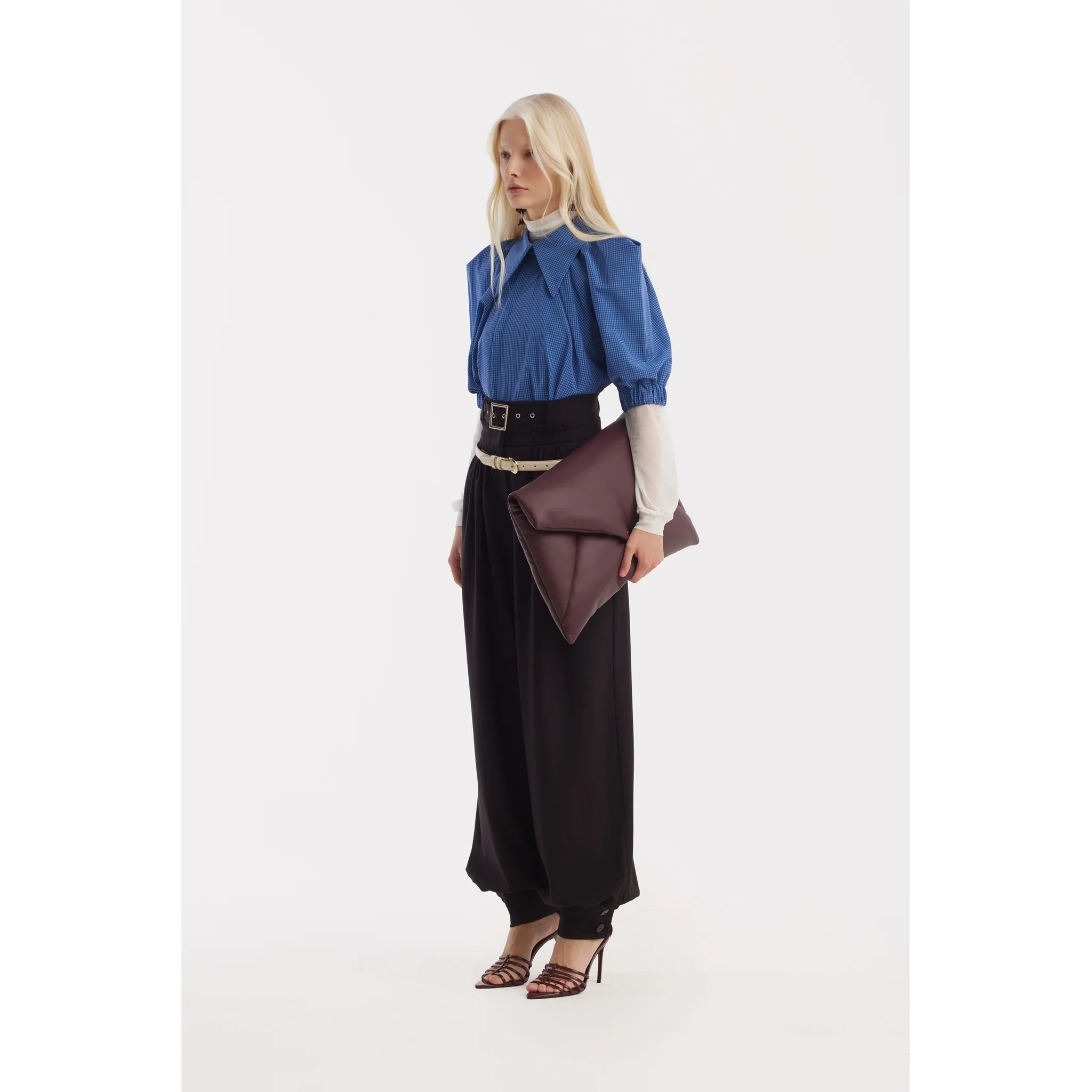 Designer Plaid Puff Sleeve Blouse - Blue - Image 4