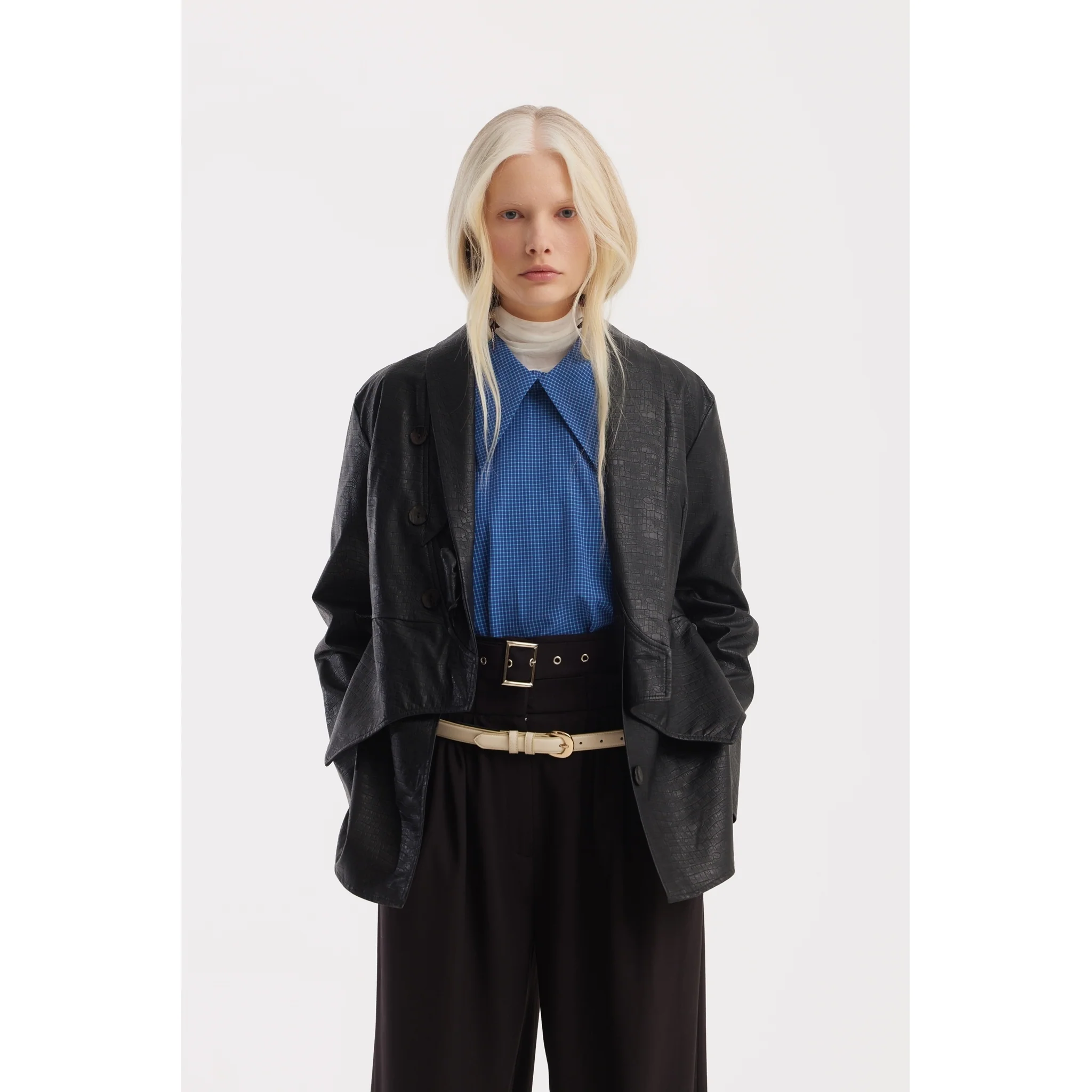 Designer Plaid Puff Sleeve Blouse - Blue - Image 6