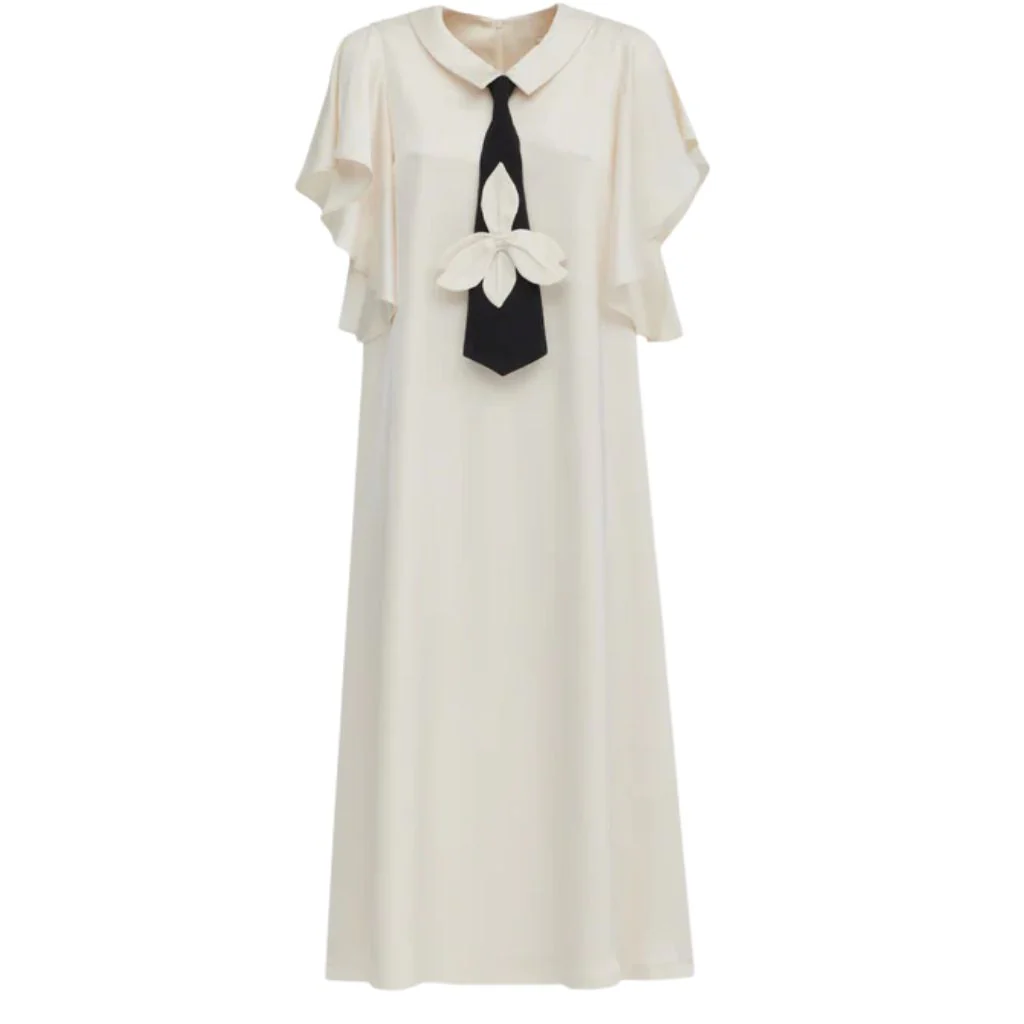 Double-Layer Satin Midi Dress With Tie Detail – Ivory