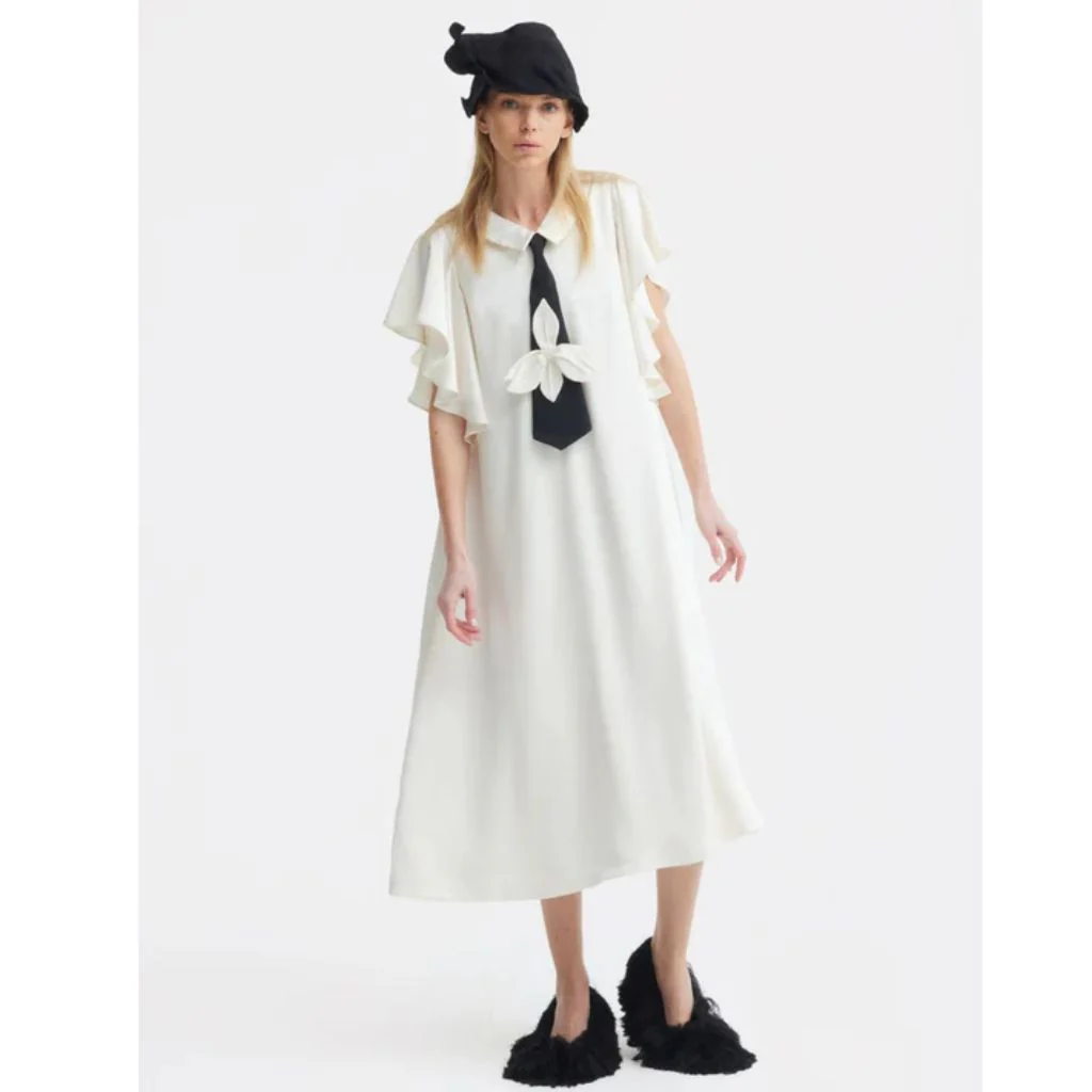 Double-Layer Satin Midi Dress With Tie Detail – Ivory - Image 2