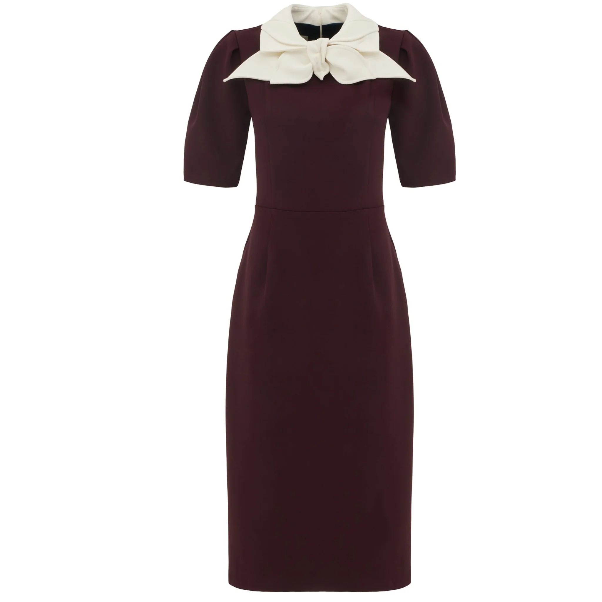 Elegant Midi Dress With Contrast Bow Collar - Burgundy