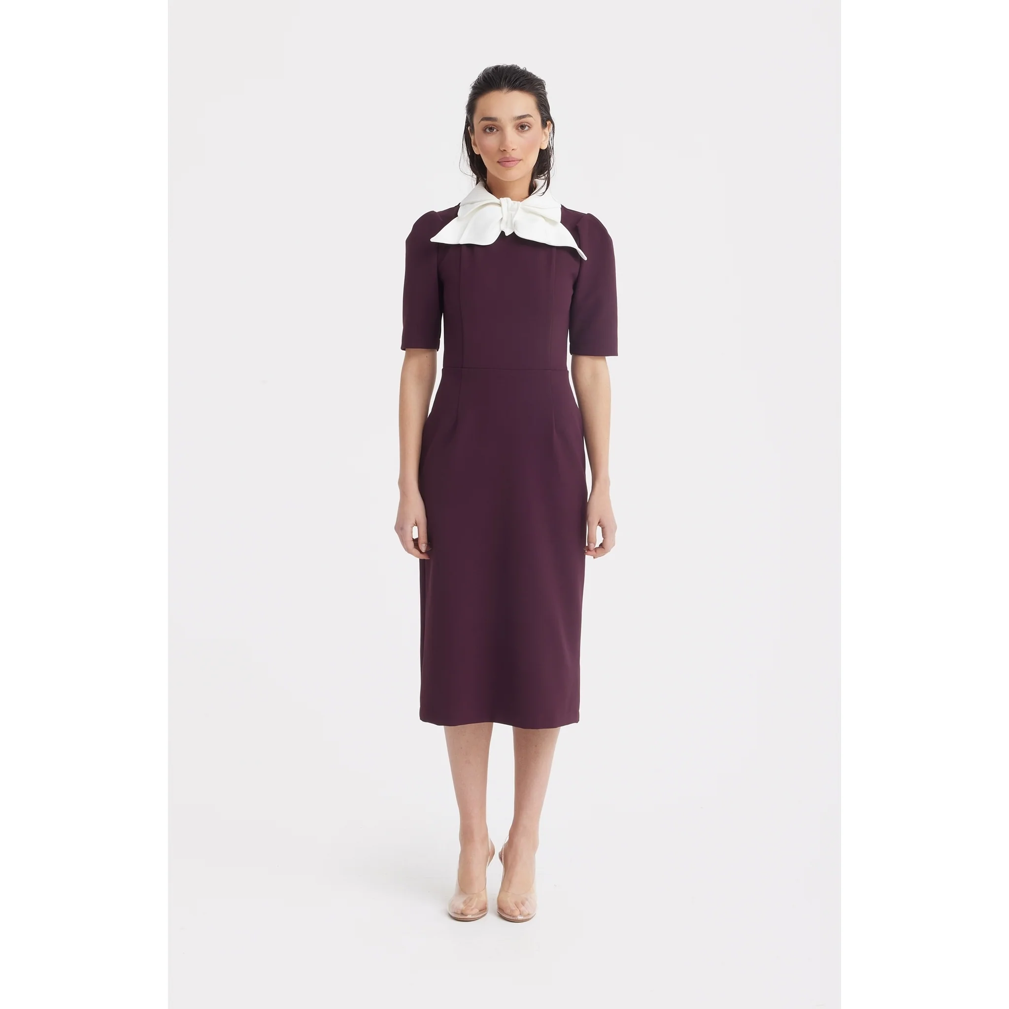Elegant Midi Dress With Contrast Bow Collar - Burgundy - Image 2