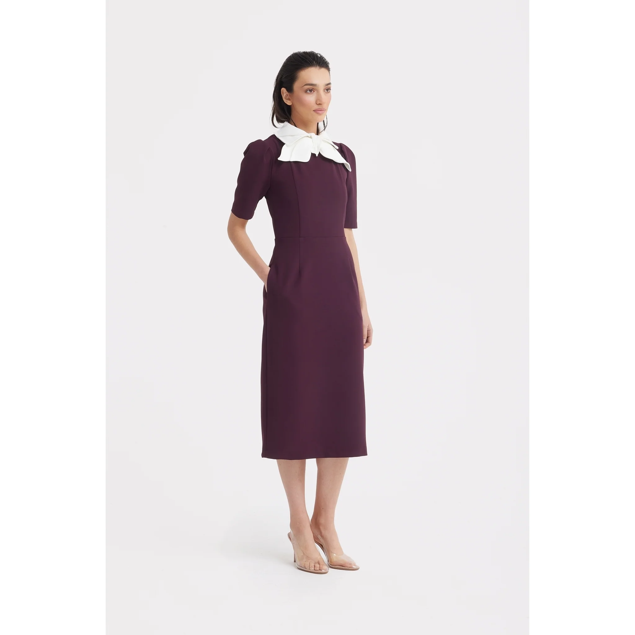 Elegant Midi Dress With Contrast Bow Collar - Burgundy - Image 3