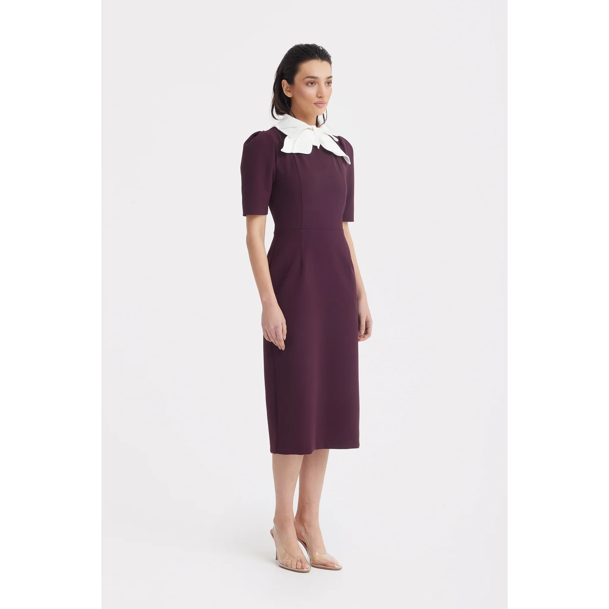 Elegant Midi Dress With Contrast Bow Collar - Burgundy - Image 4