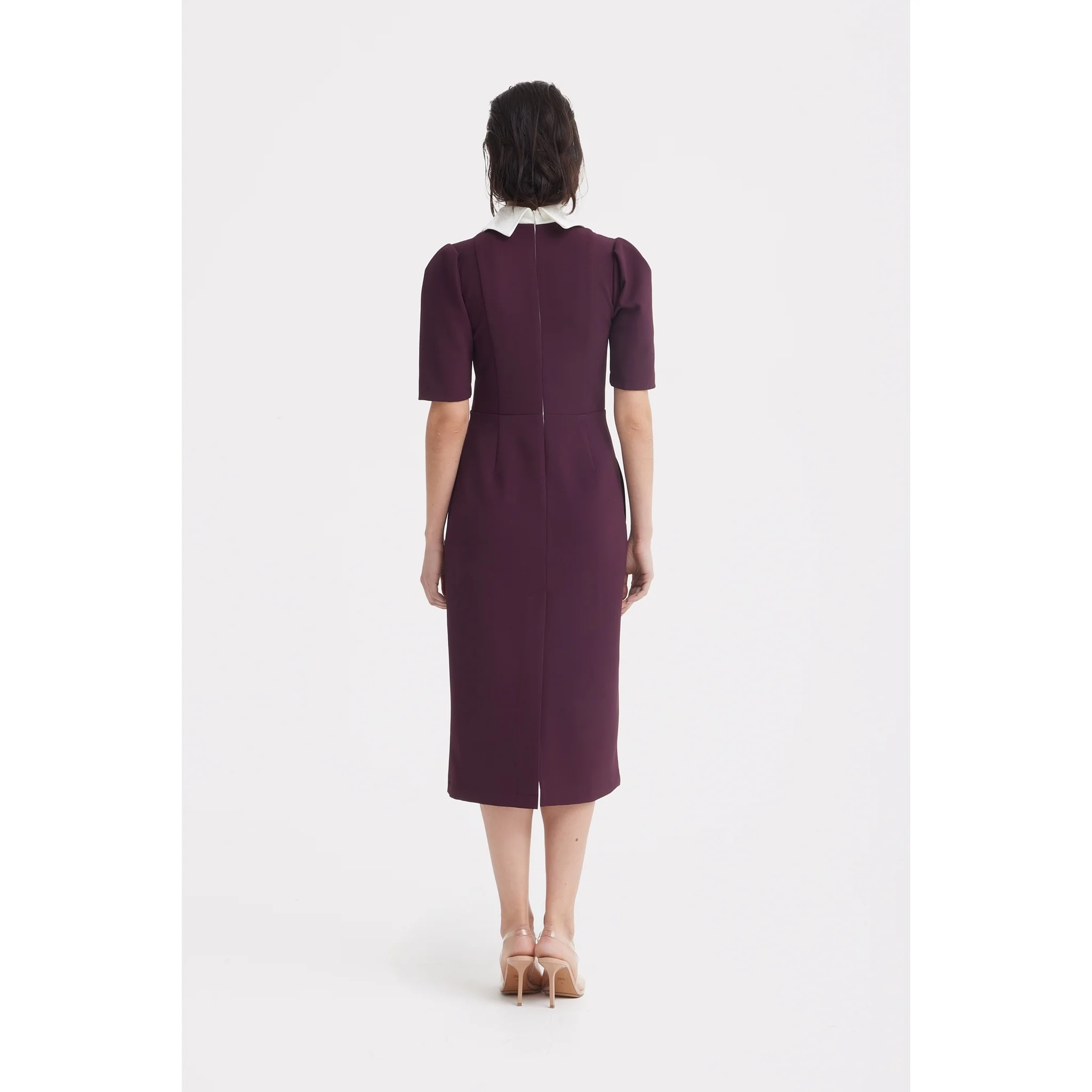 Elegant Midi Dress With Contrast Bow Collar - Burgundy - Image 5