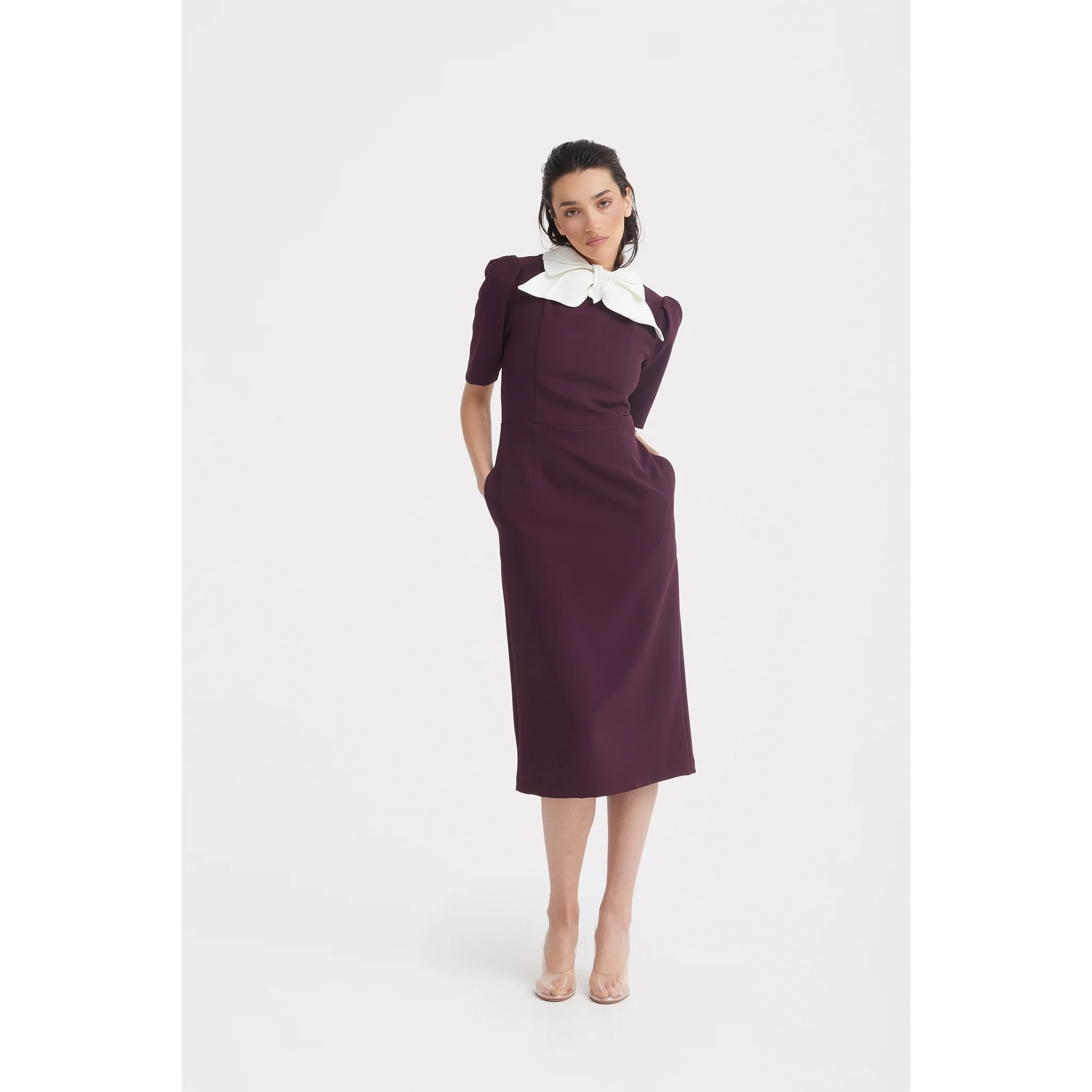 Elegant Midi Dress With Contrast Bow Collar - Burgundy - Image 6