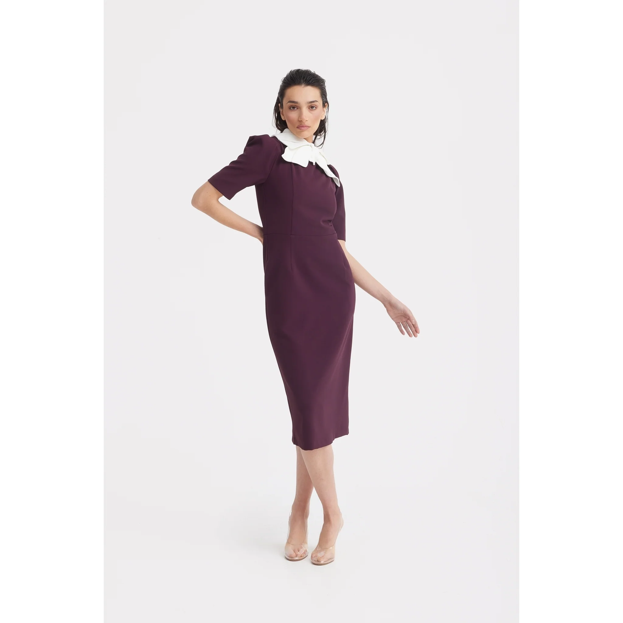 Elegant Midi Dress With Contrast Bow Collar - Burgundy - Image 7