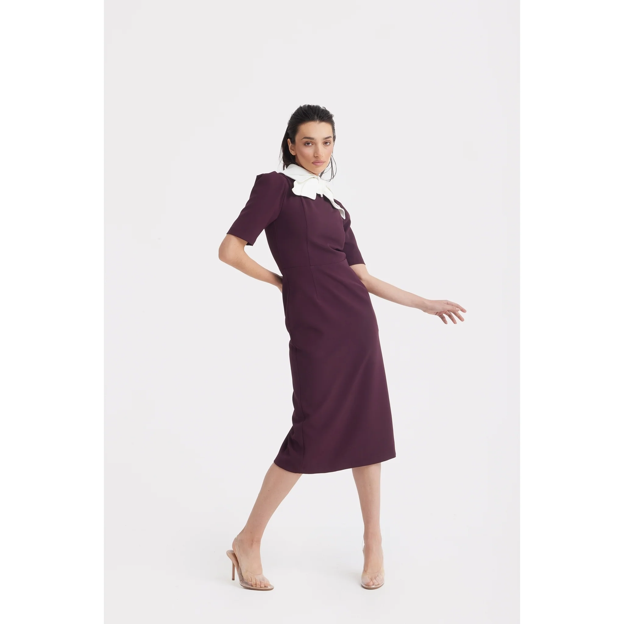 Elegant Midi Dress With Contrast Bow Collar - Burgundy - Image 8