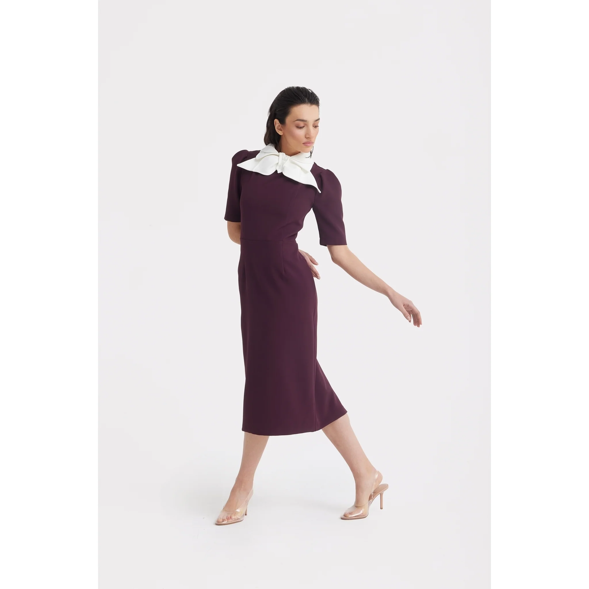 Elegant Midi Dress With Contrast Bow Collar - Burgundy - Image 9
