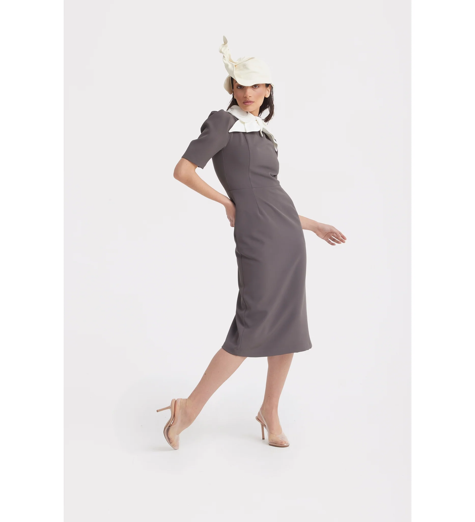 Elegant Midi Dress With Contrast Bow Collar - Taupe - Image 10