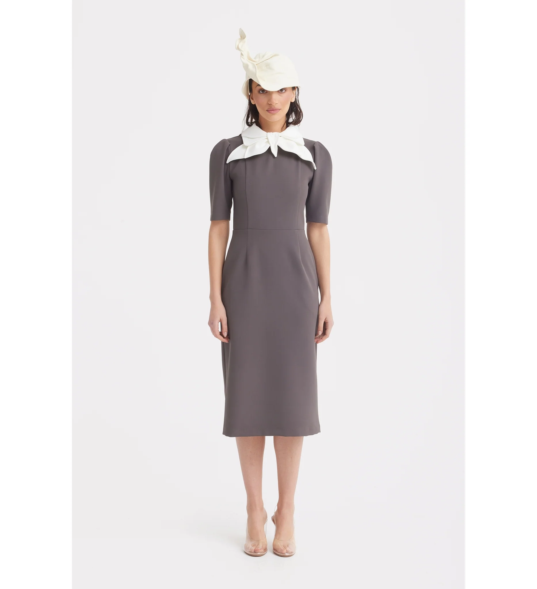 Elegant Midi Dress With Contrast Bow Collar - Taupe - Image 2