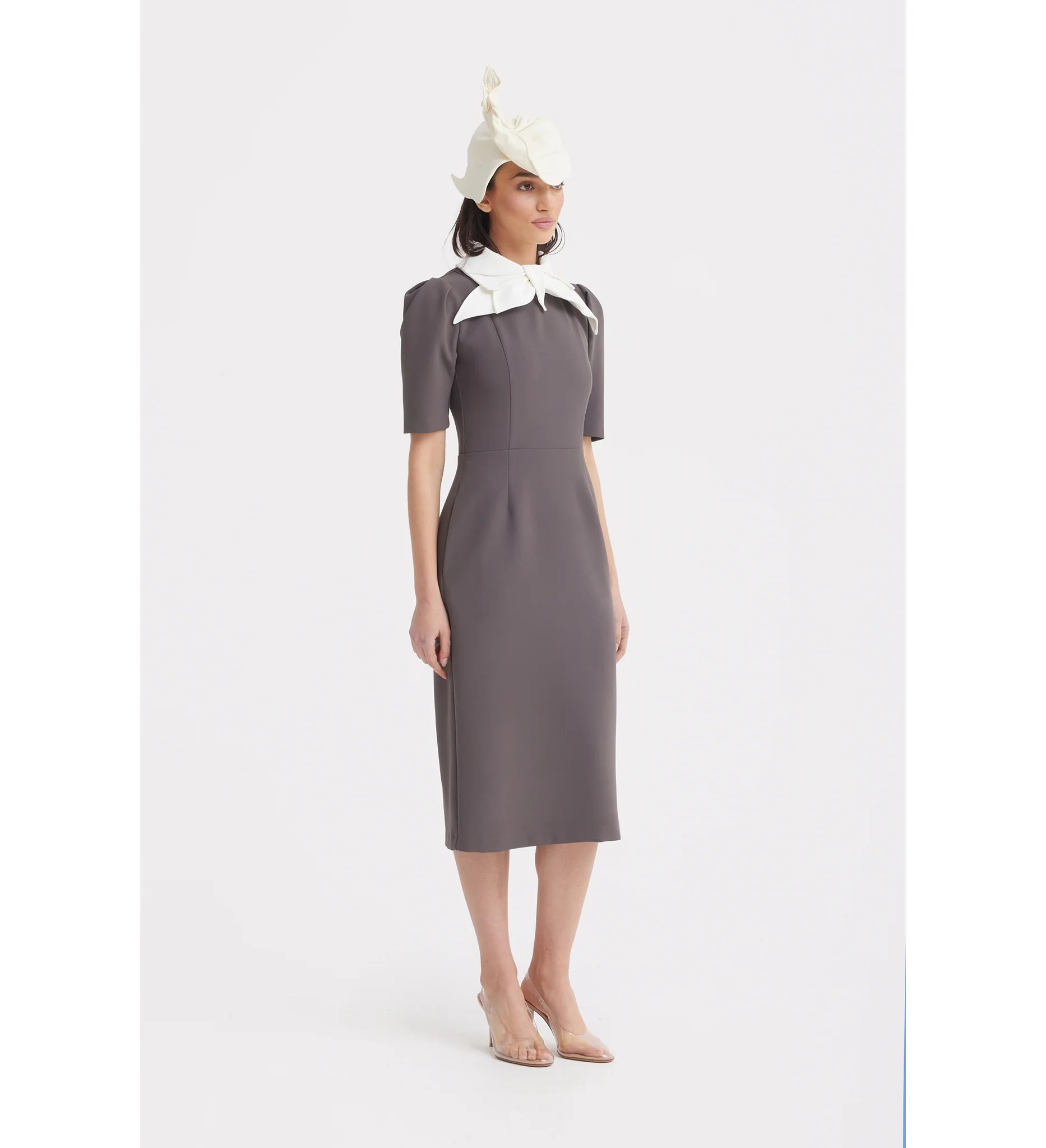 Elegant Midi Dress With Contrast Bow Collar - Taupe - Image 3