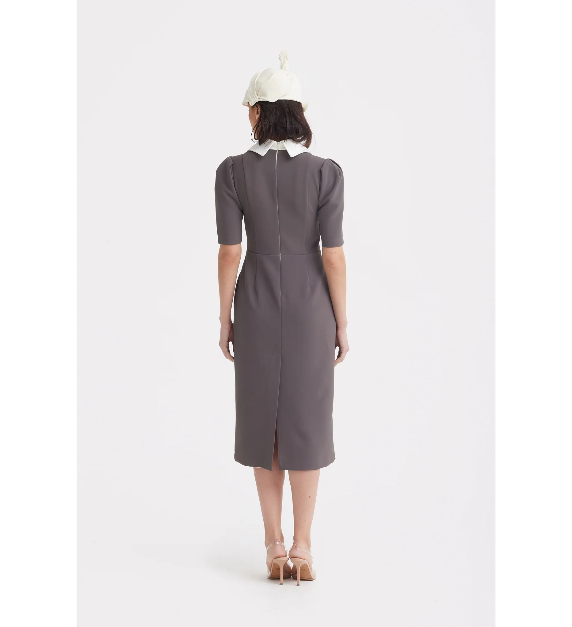 Elegant Midi Dress With Contrast Bow Collar - Taupe - Image 4