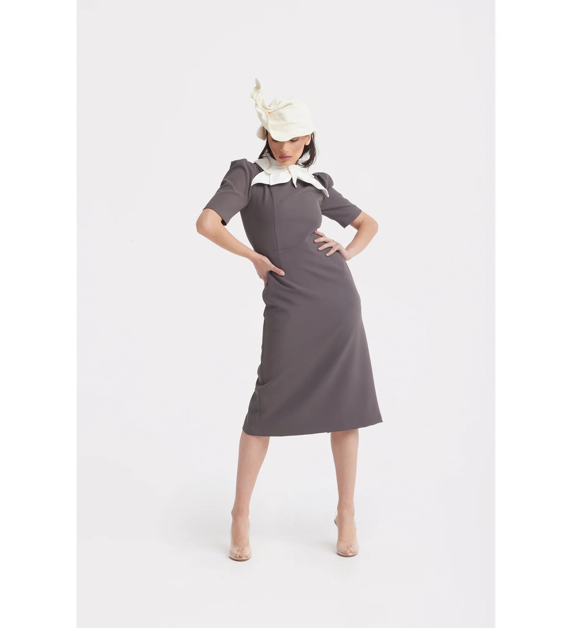 Elegant Midi Dress With Contrast Bow Collar - Taupe - Image 6