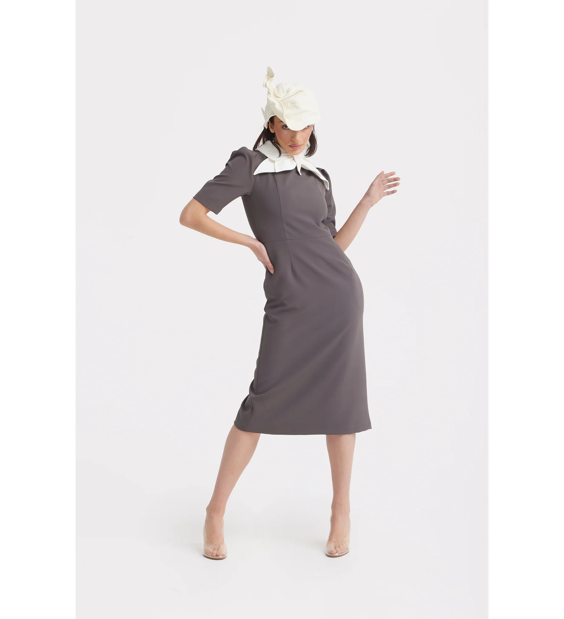 Elegant Midi Dress With Contrast Bow Collar - Taupe - Image 9
