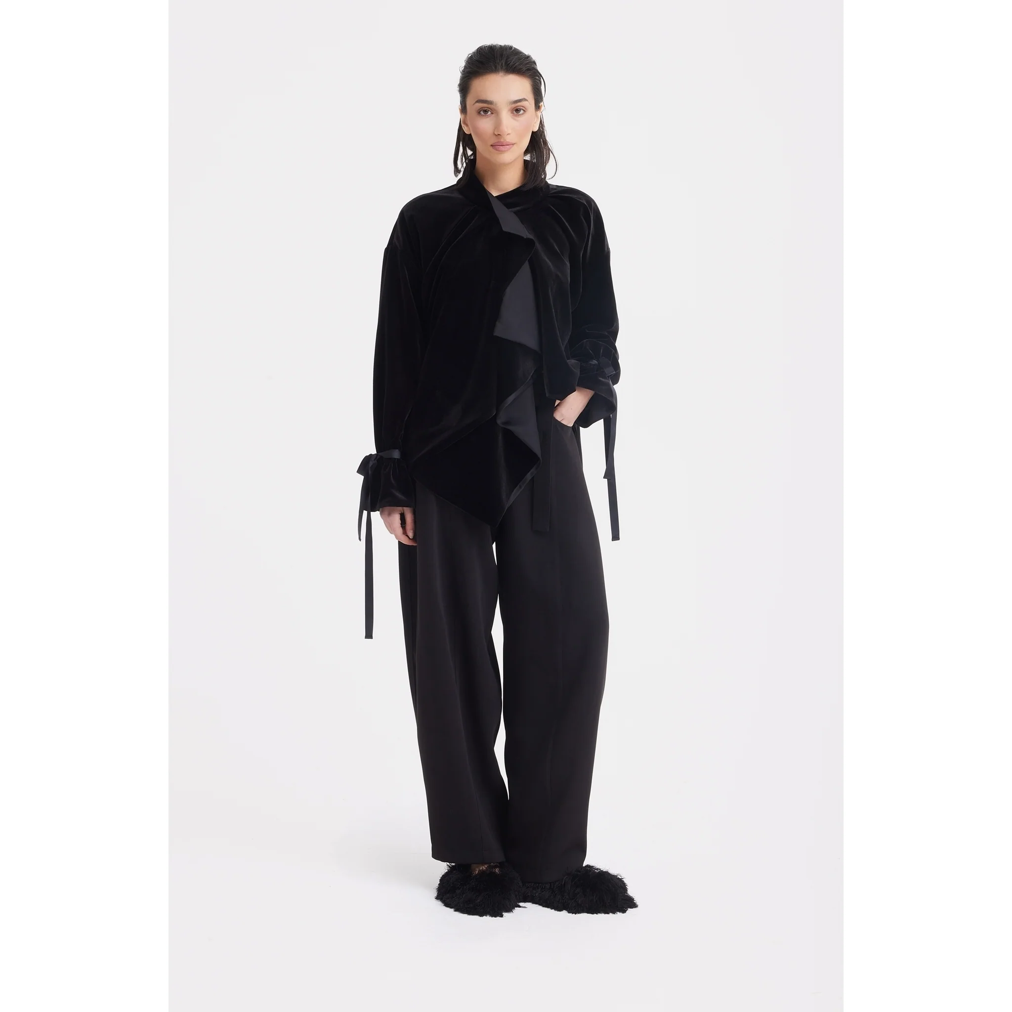 Evening Velvet Wrap Jacket With Silk Lining - Black - Image 2