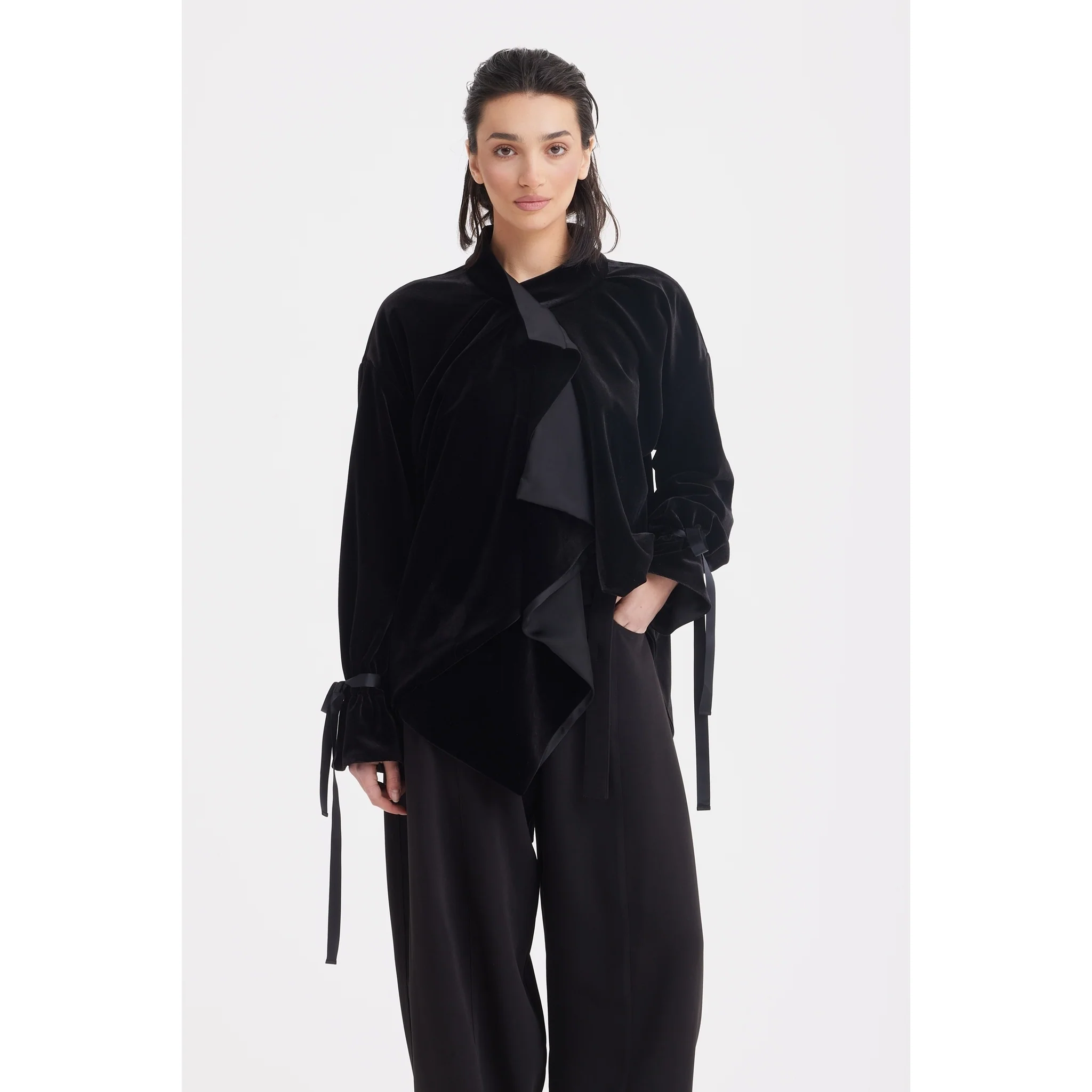 Evening Velvet Wrap Jacket With Silk Lining - Black - Image 3
