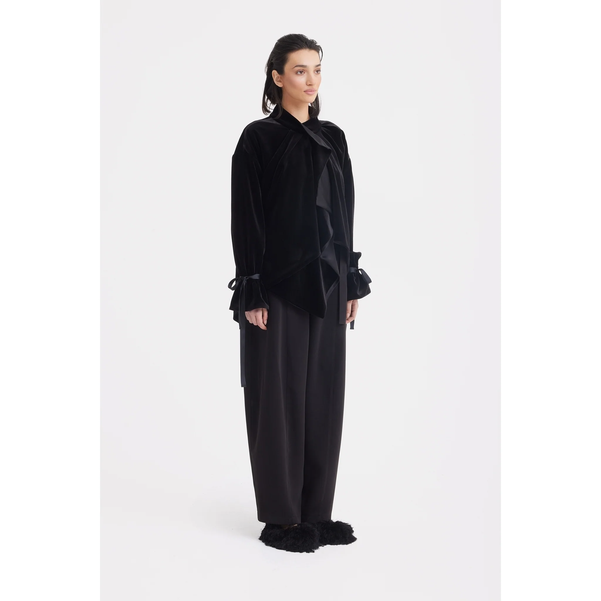 Evening Velvet Wrap Jacket With Silk Lining - Black - Image 4