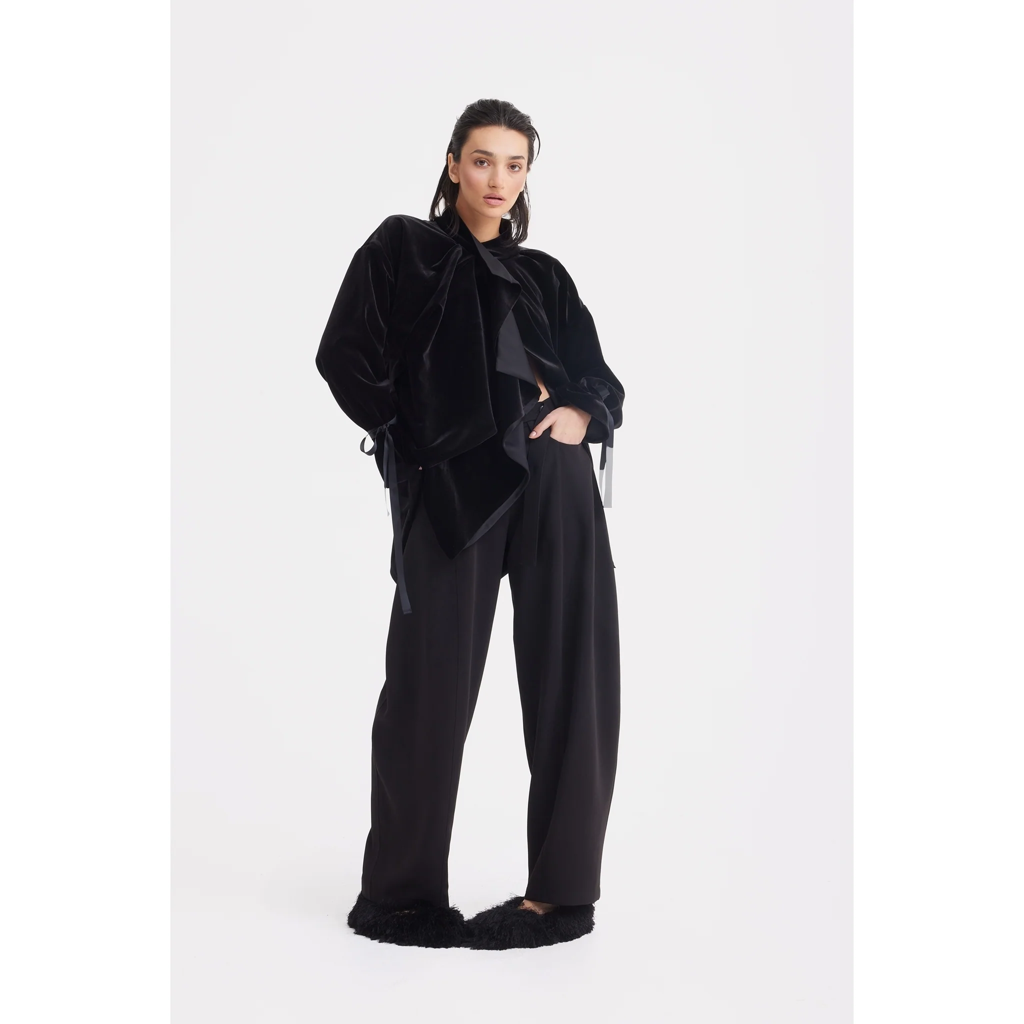 Evening Velvet Wrap Jacket With Silk Lining - Black - Image 5