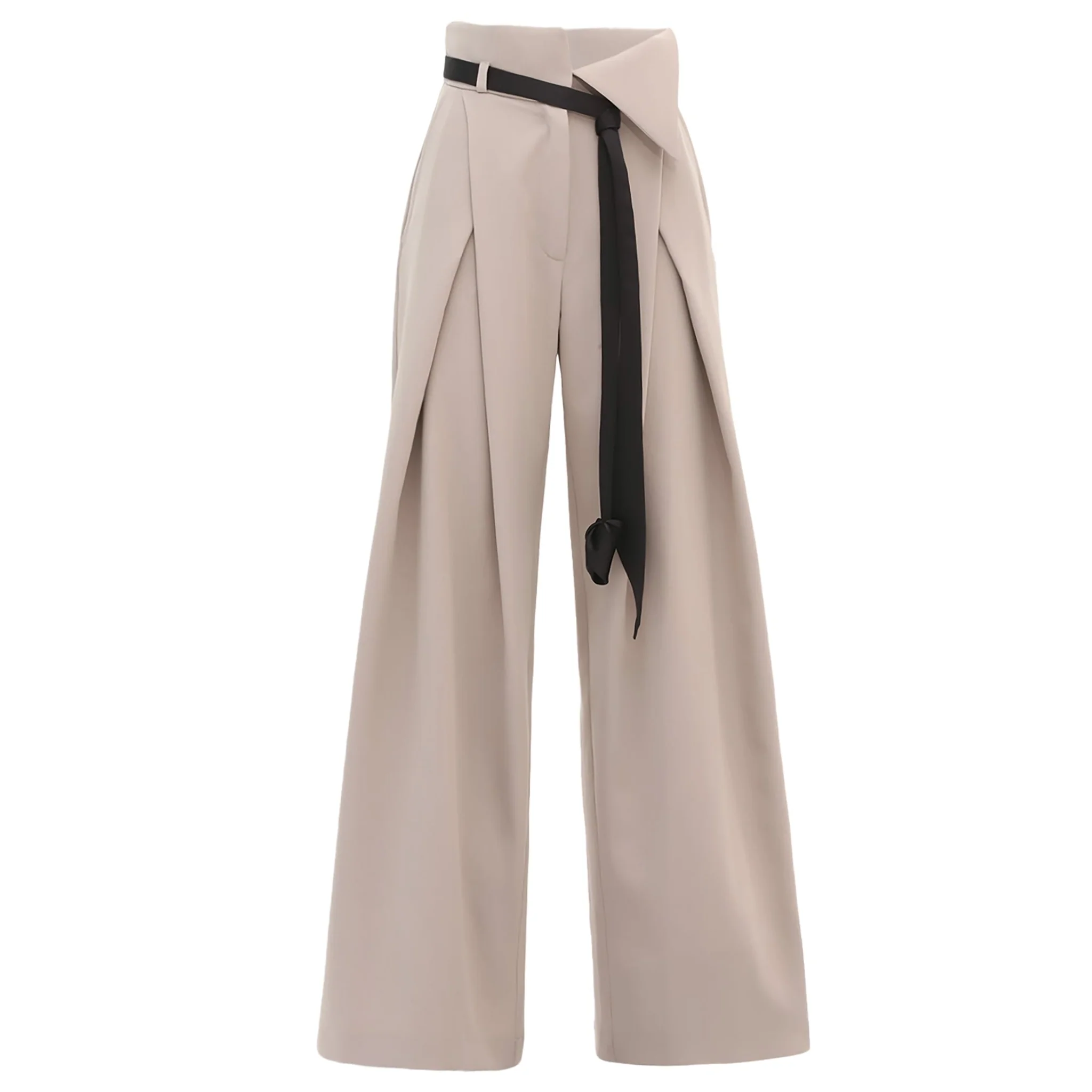 Fashion Forward Wide-Leg Pants & Contrast Belt - Beige