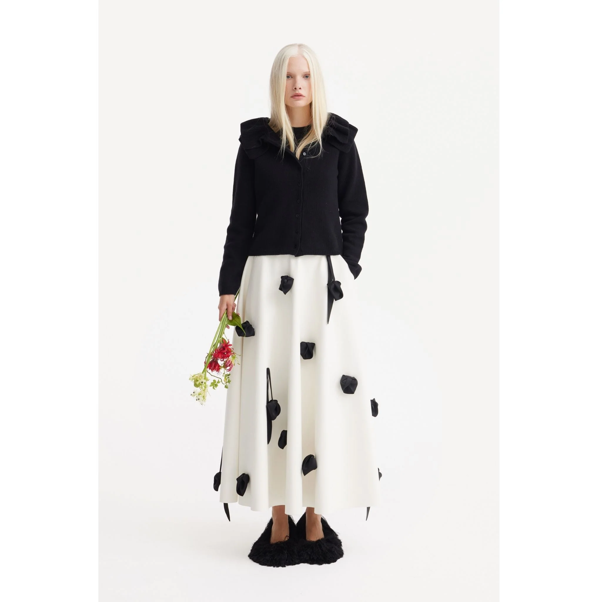 Faux Leather A-Line Skirt With Floral Details | Ivory - Image 2