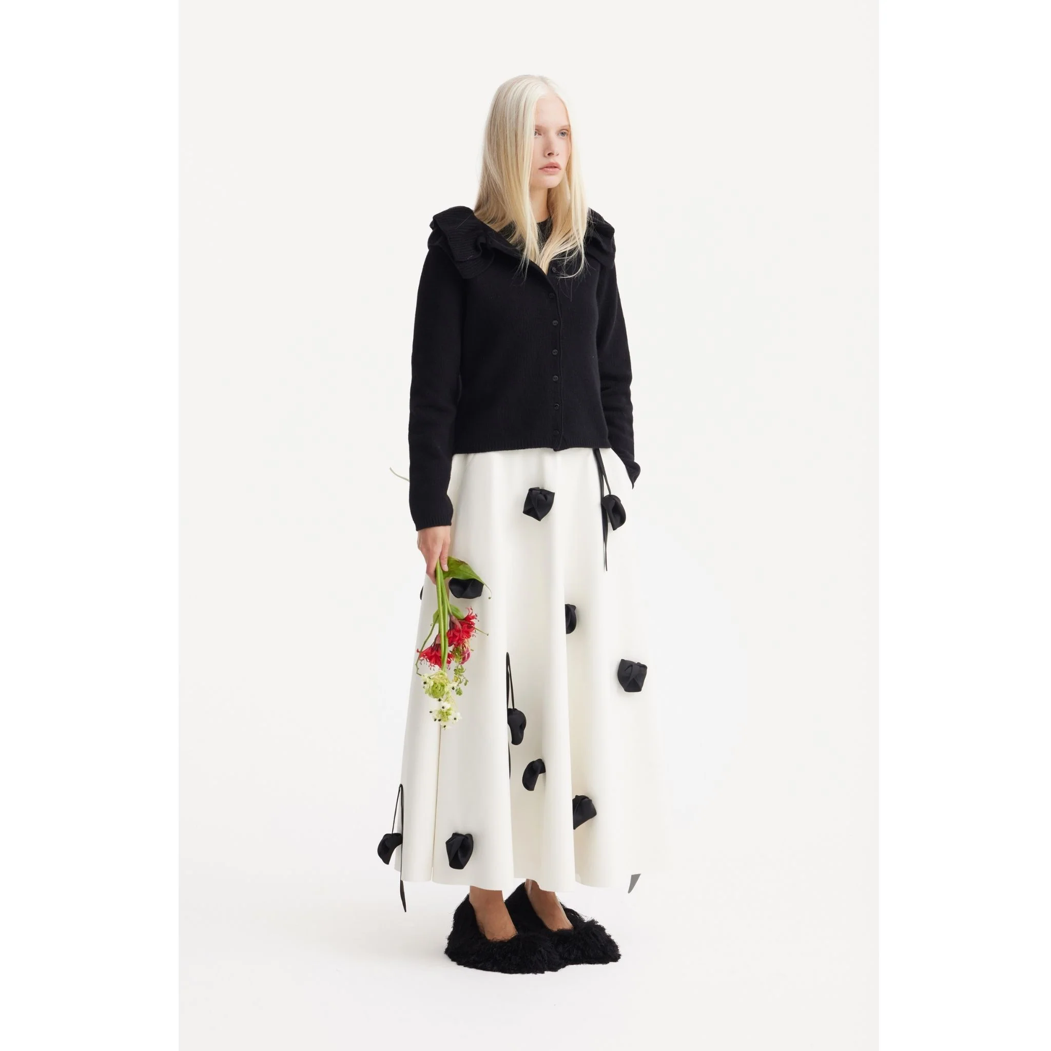 Faux Leather A-Line Skirt With Floral Details | Ivory - Image 3
