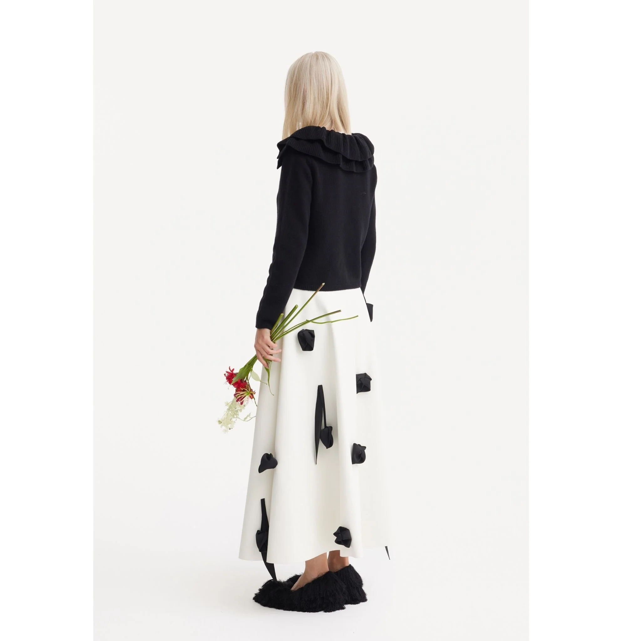 Faux Leather A-Line Skirt With Floral Details | Ivory - Image 5