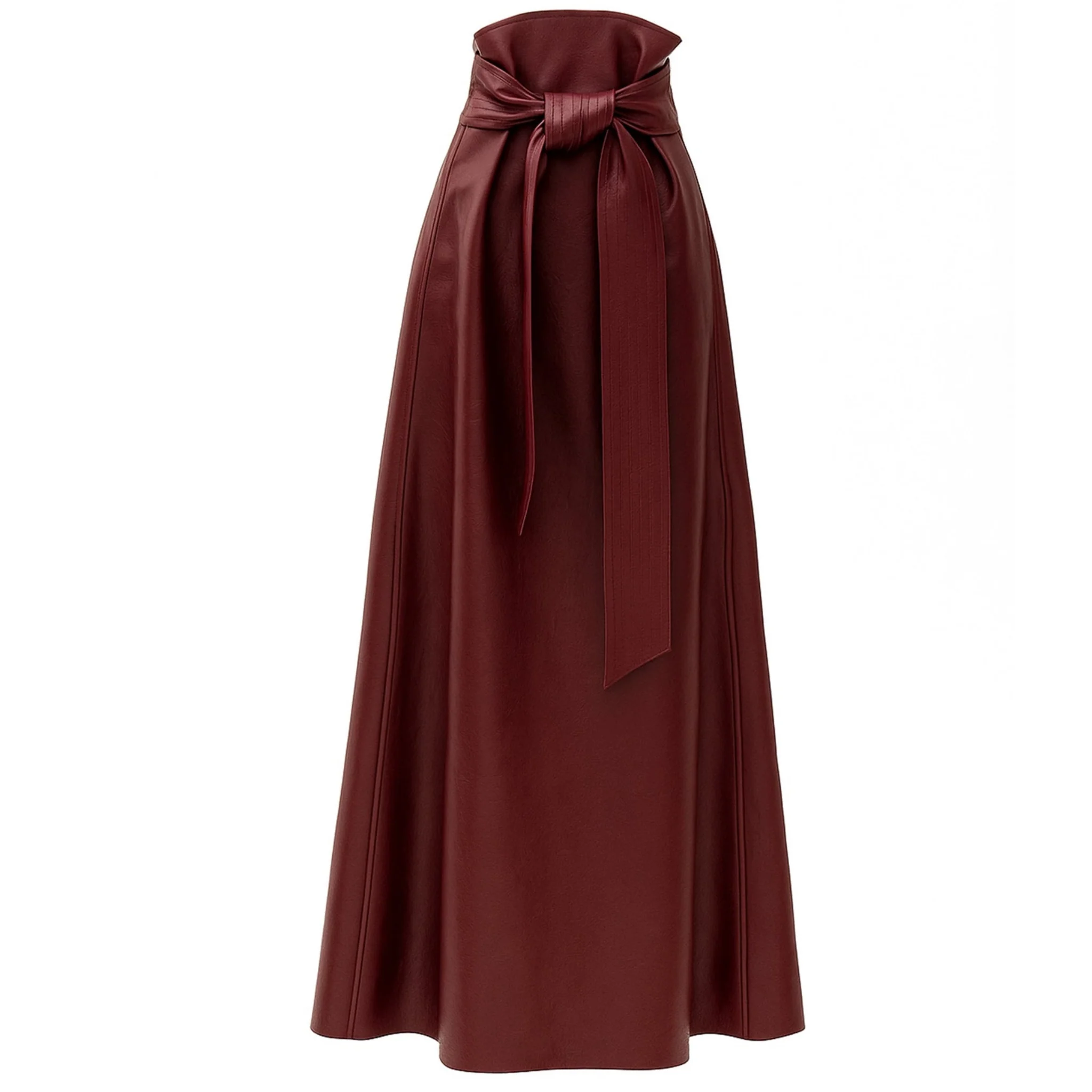 Faux Leather High-Waisted A-Line Skirt With Belt Burgundy