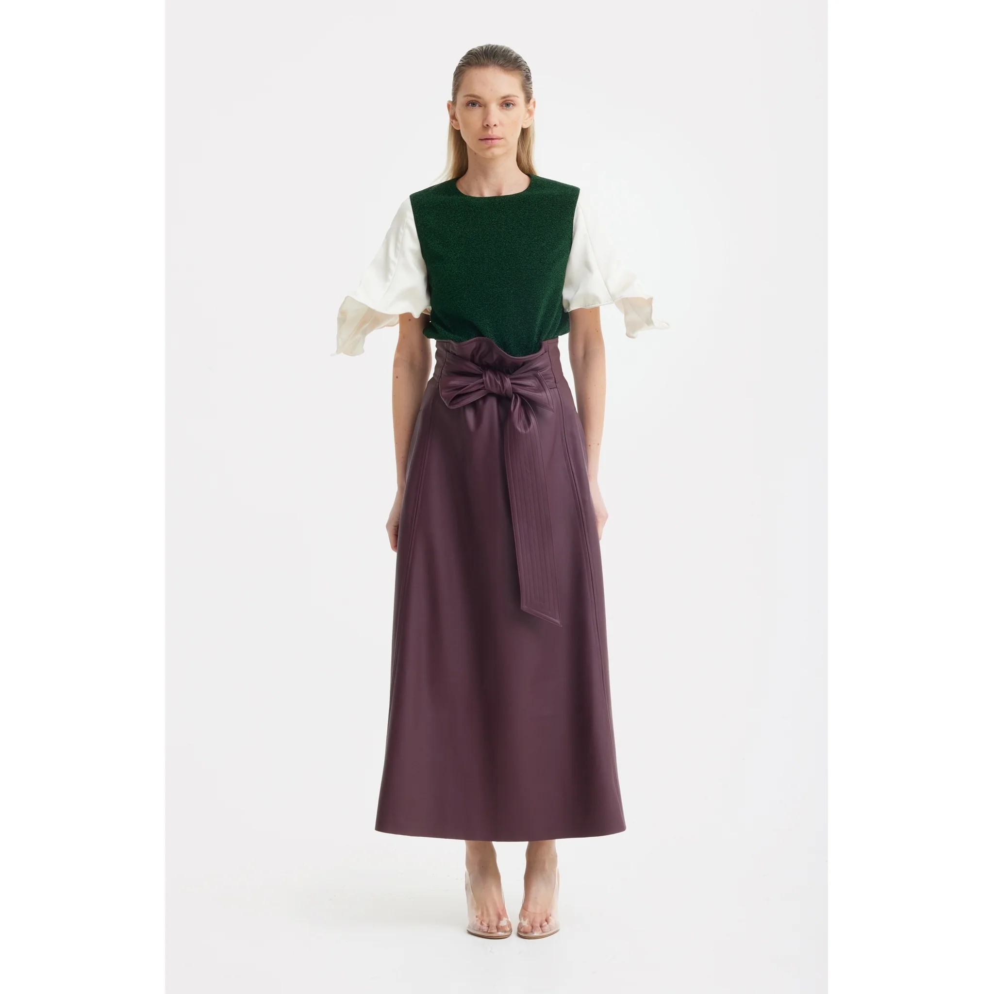 Faux Leather High-Waisted A-Line Skirt With Belt Burgundy - Image 2
