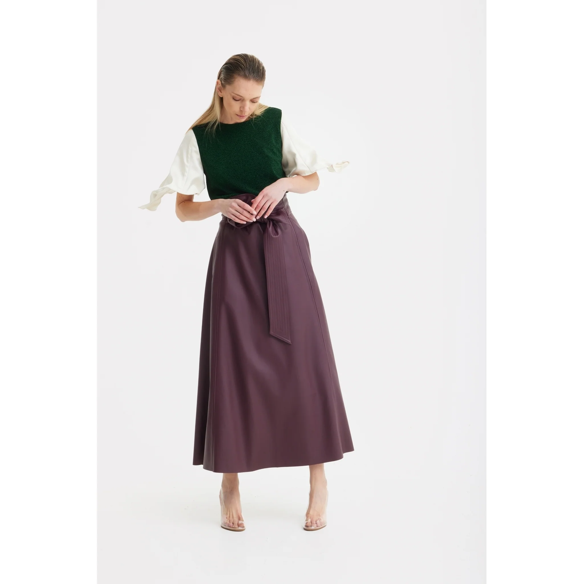 Faux Leather High-Waisted A-Line Skirt With Belt Burgundy - Image 5