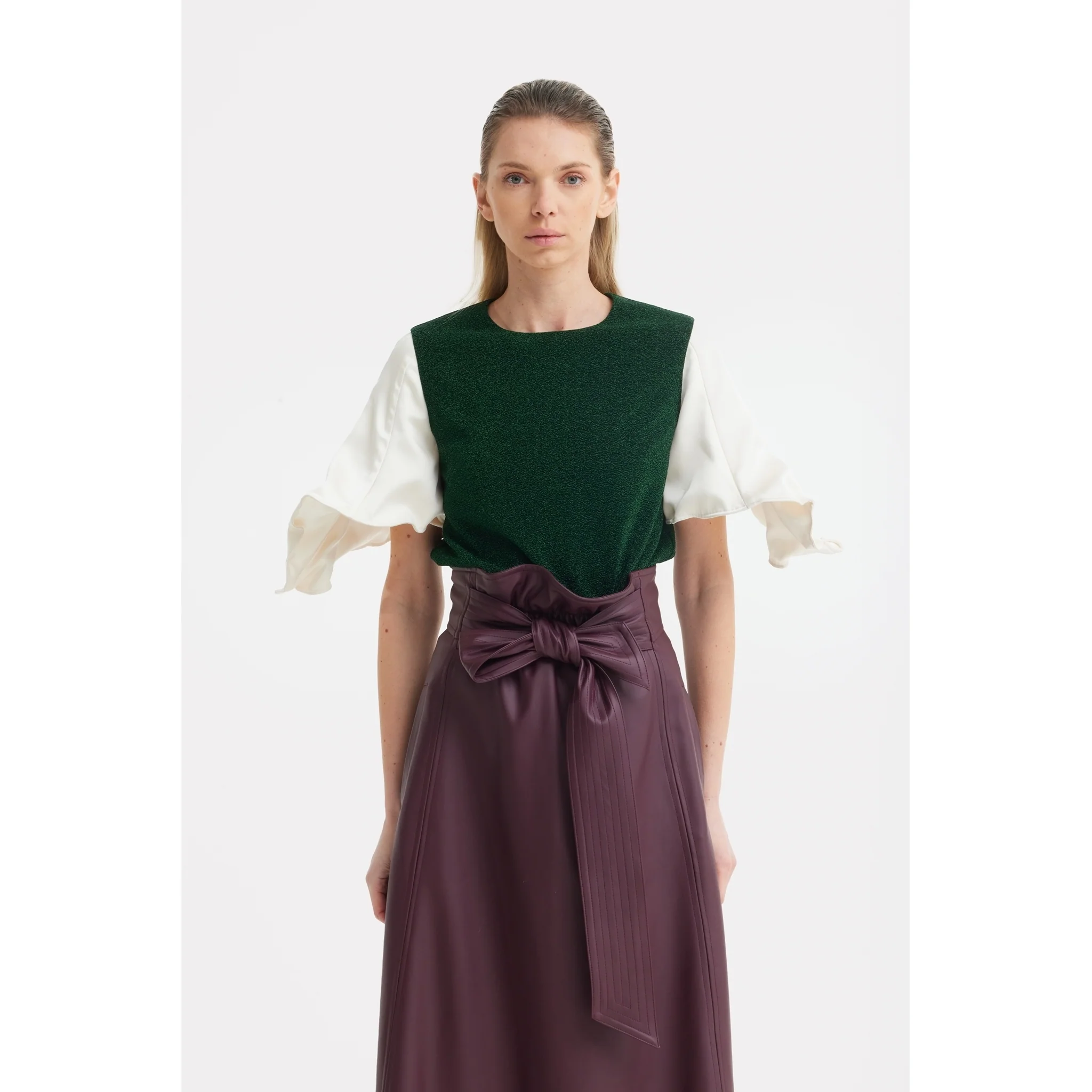Faux Leather High-Waisted A-Line Skirt With Belt Burgundy - Image 6