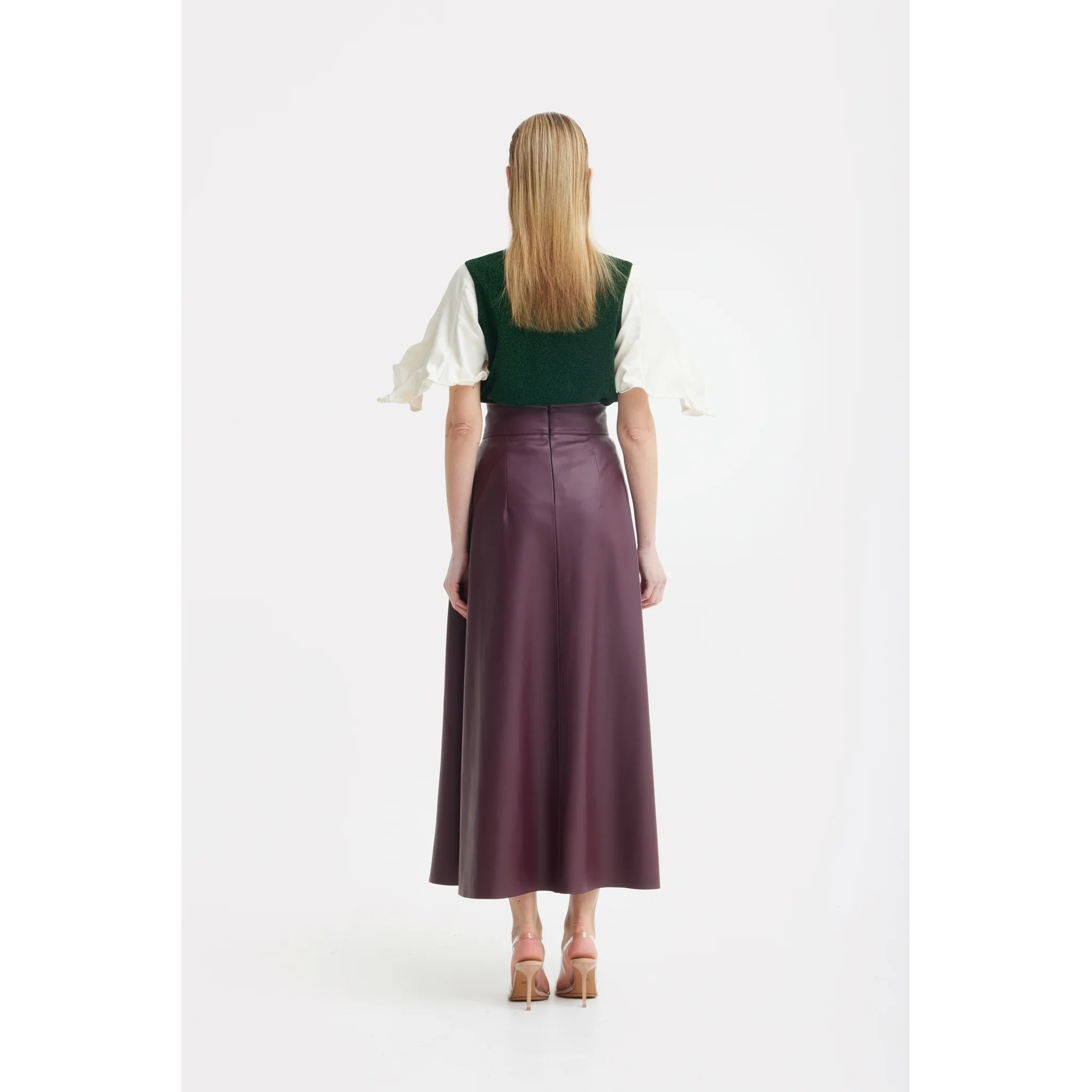 Faux Leather High-Waisted A-Line Skirt With Belt Burgundy - Image 7