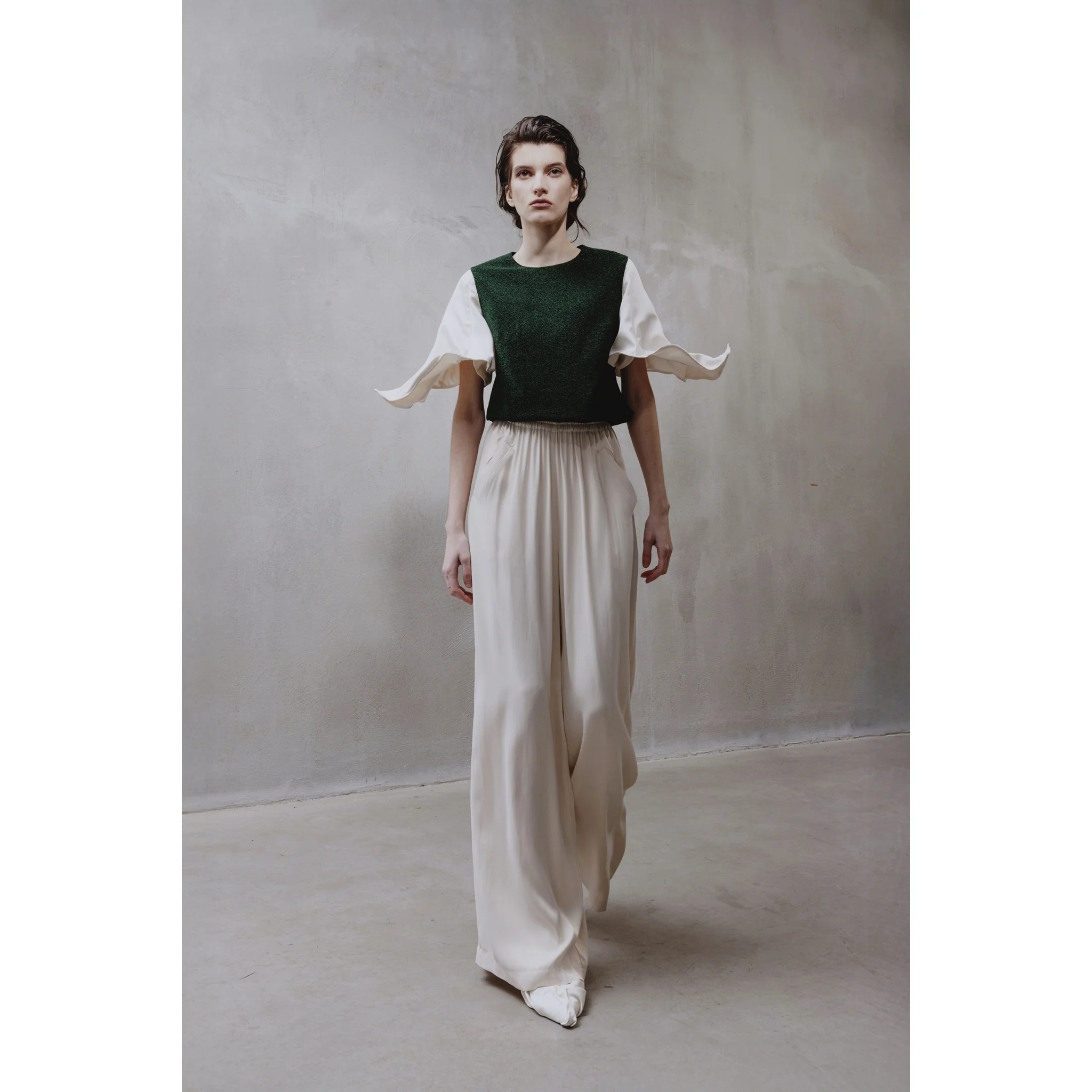 Green Lurex Knit Top With Adjustable Satin Sleeves - Image 2