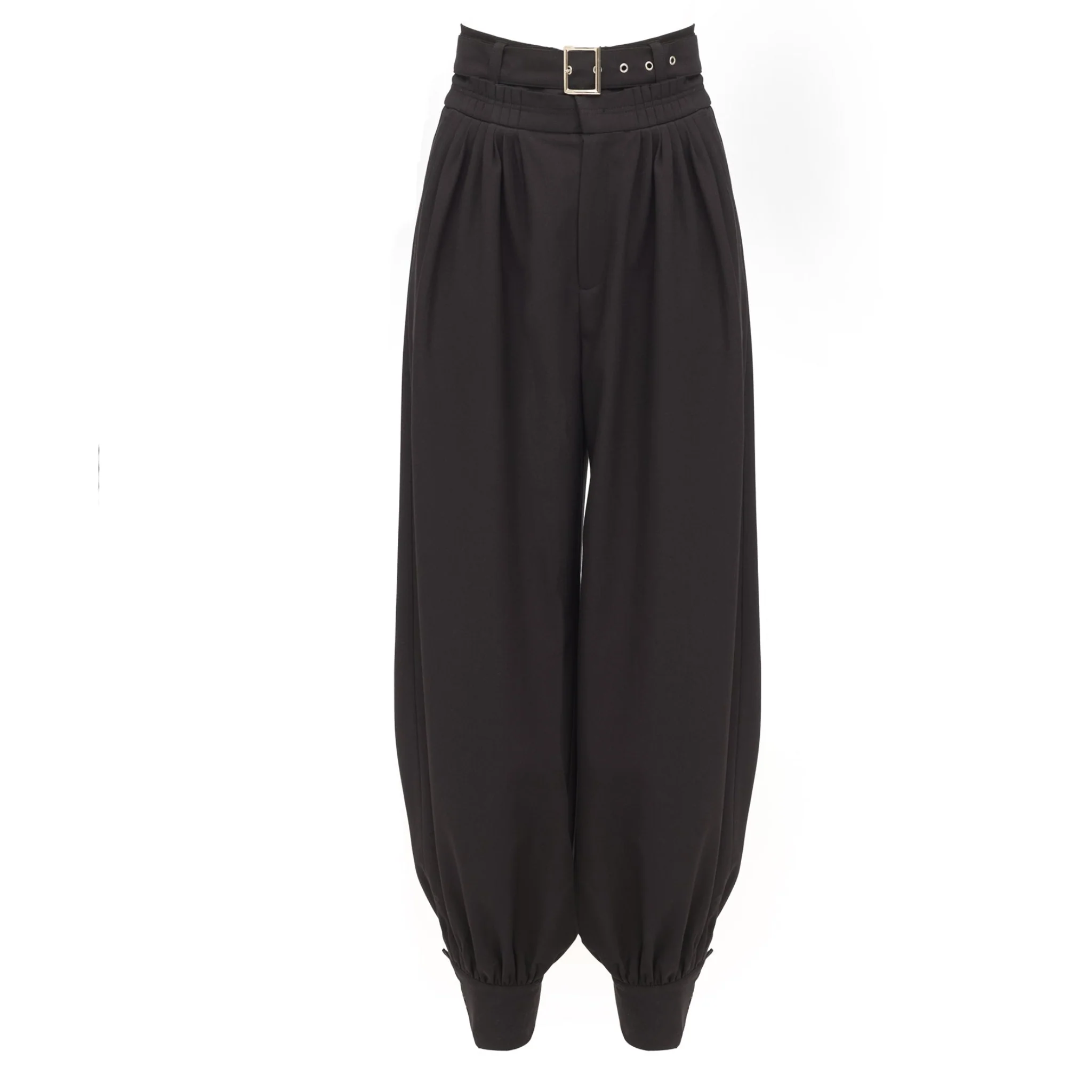Belted High-Waist Balloon-Leg Pants - Black