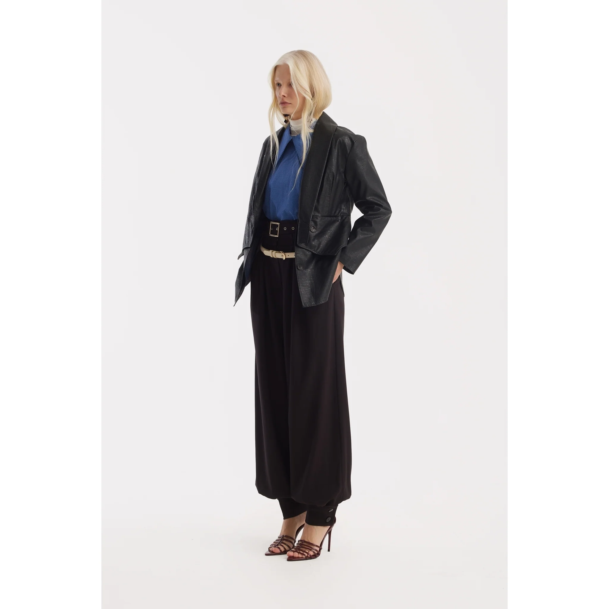 Belted High-Waist Balloon-Leg Pants - Black - Image 8