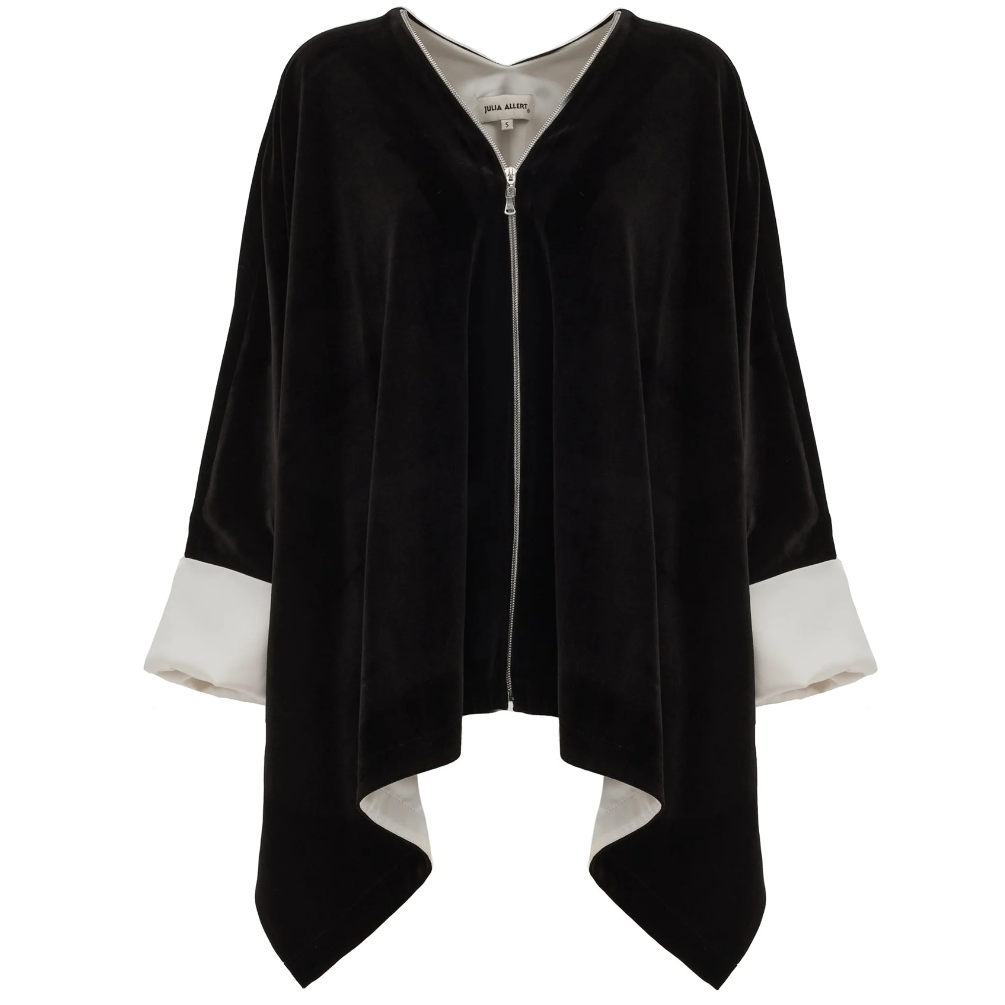 Loose Velvet Cape Jacket With Zip Front - Black