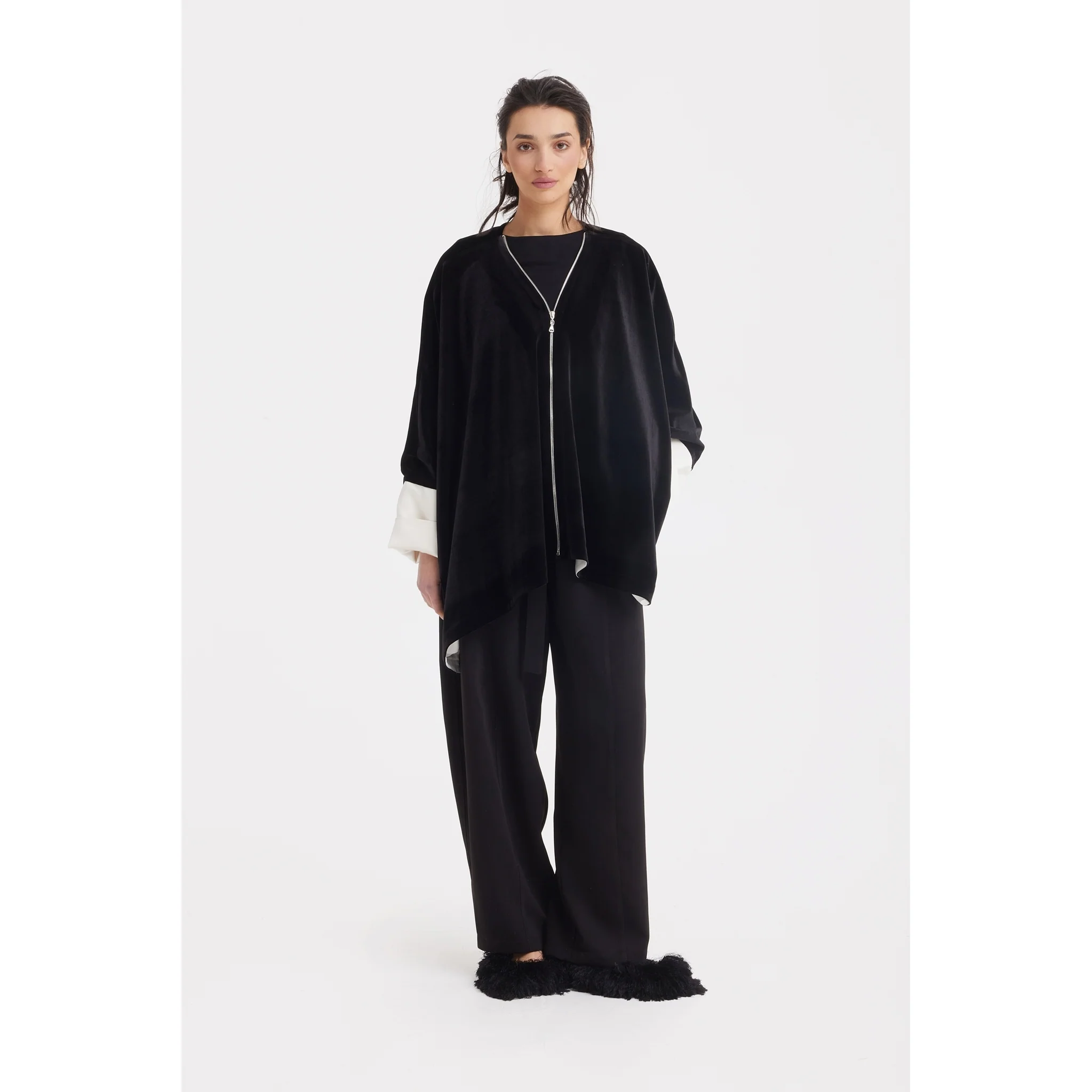 Loose Velvet Cape Jacket With Zip Front - Black - Image 6
